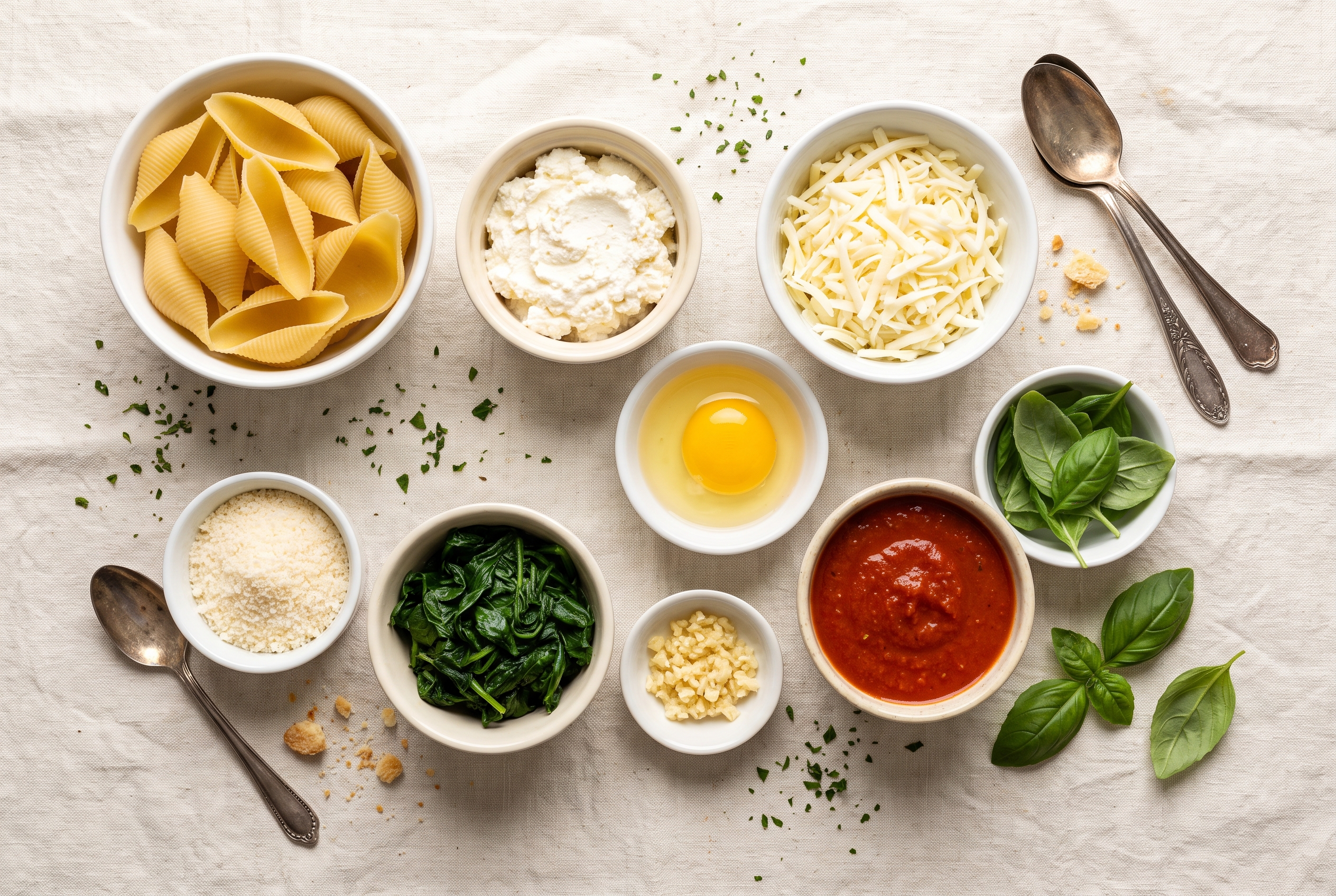 Overhead flat-lay of ingredients for stuffed shells in small white bowls — jumbo pasta shells, ricotta, mozzarella, parmesan, egg, frozen spinach, garlic, marinara sauce and fresh basil