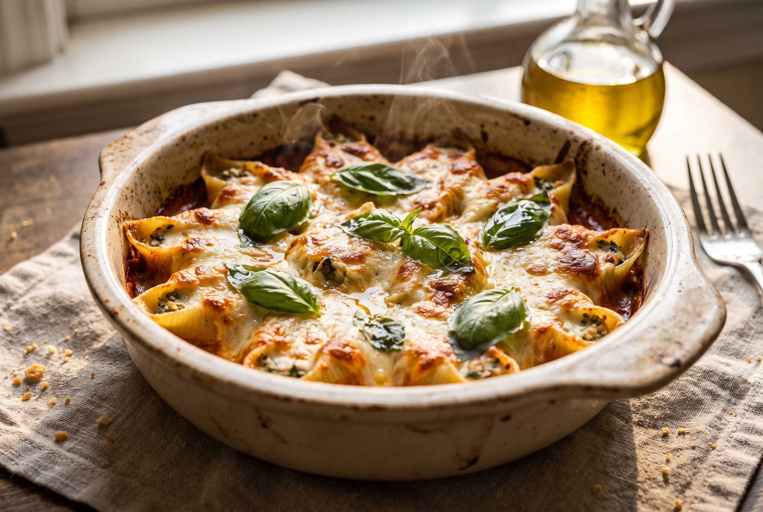 Close-up process photo of stuffed shells baked until bubbling with browned melted mozzarella and fresh basil on top