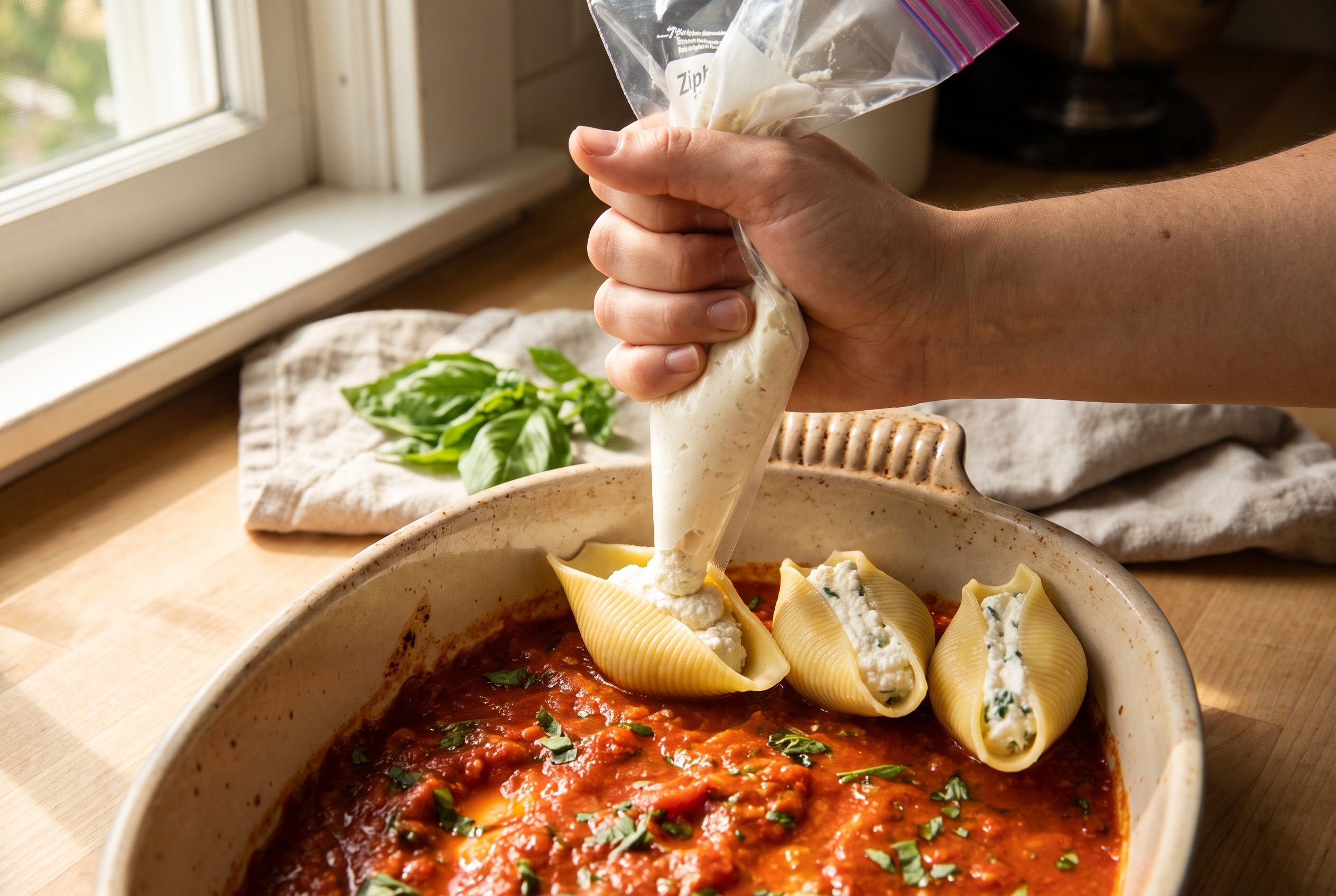 Close-up process photo of ricotta filling being piped into jumbo pasta shells from a zip-top bag over a sauced baking dish