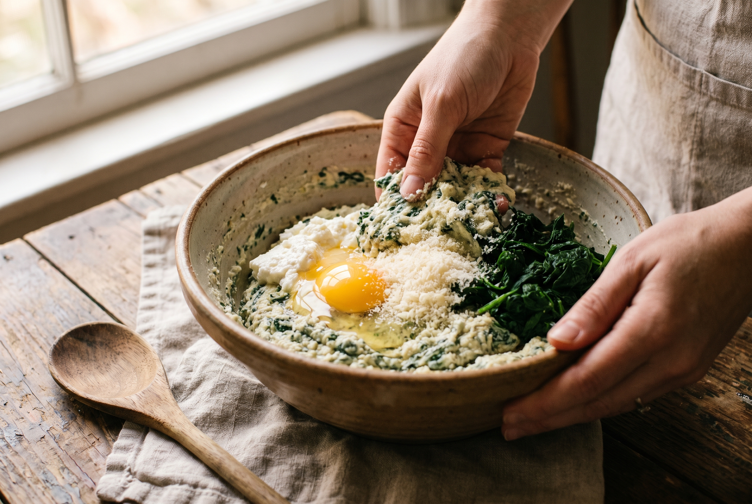 Close-up process photo of ricotta, egg, parmesan and squeezed spinach being folded together into a thick filling in a bowl