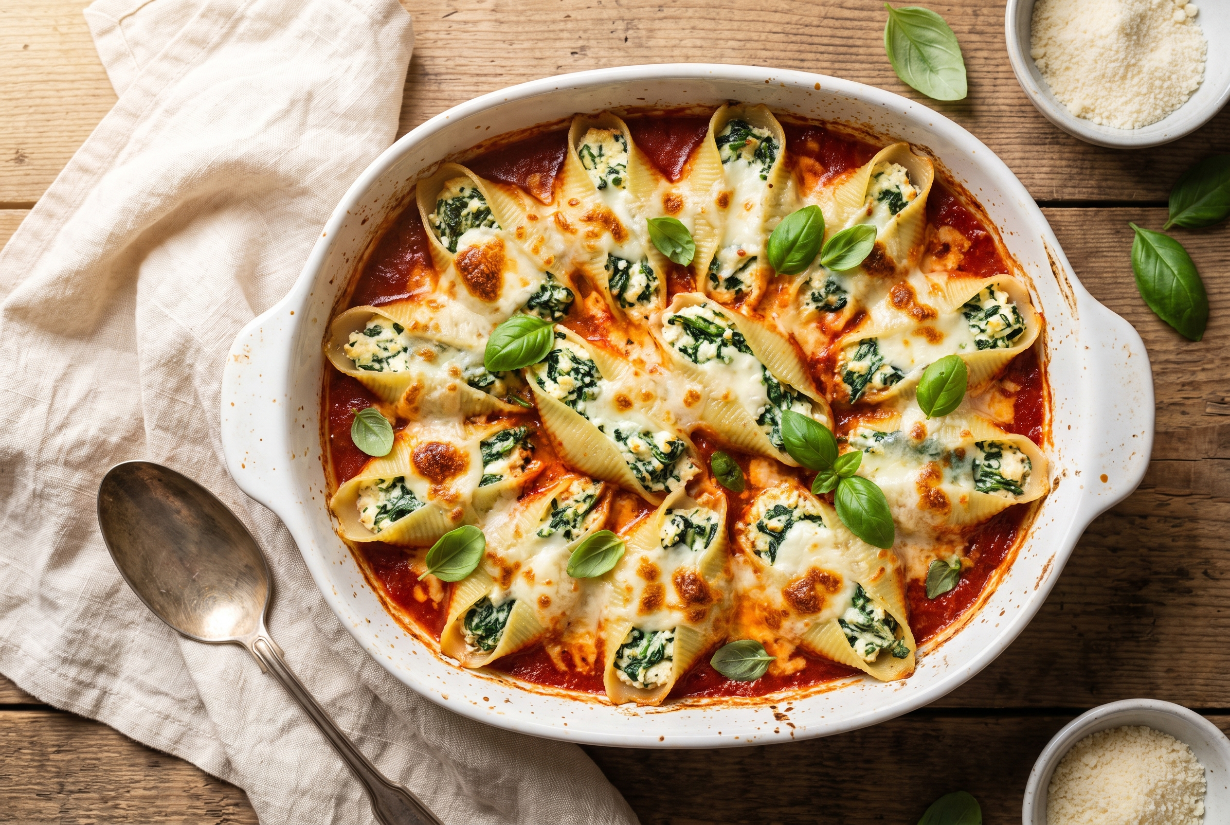 Cheesy stuffed shells in a white baking dish filled with ricotta and spinach, baked in marinara under browned bubbling mozzarella with fresh basil
