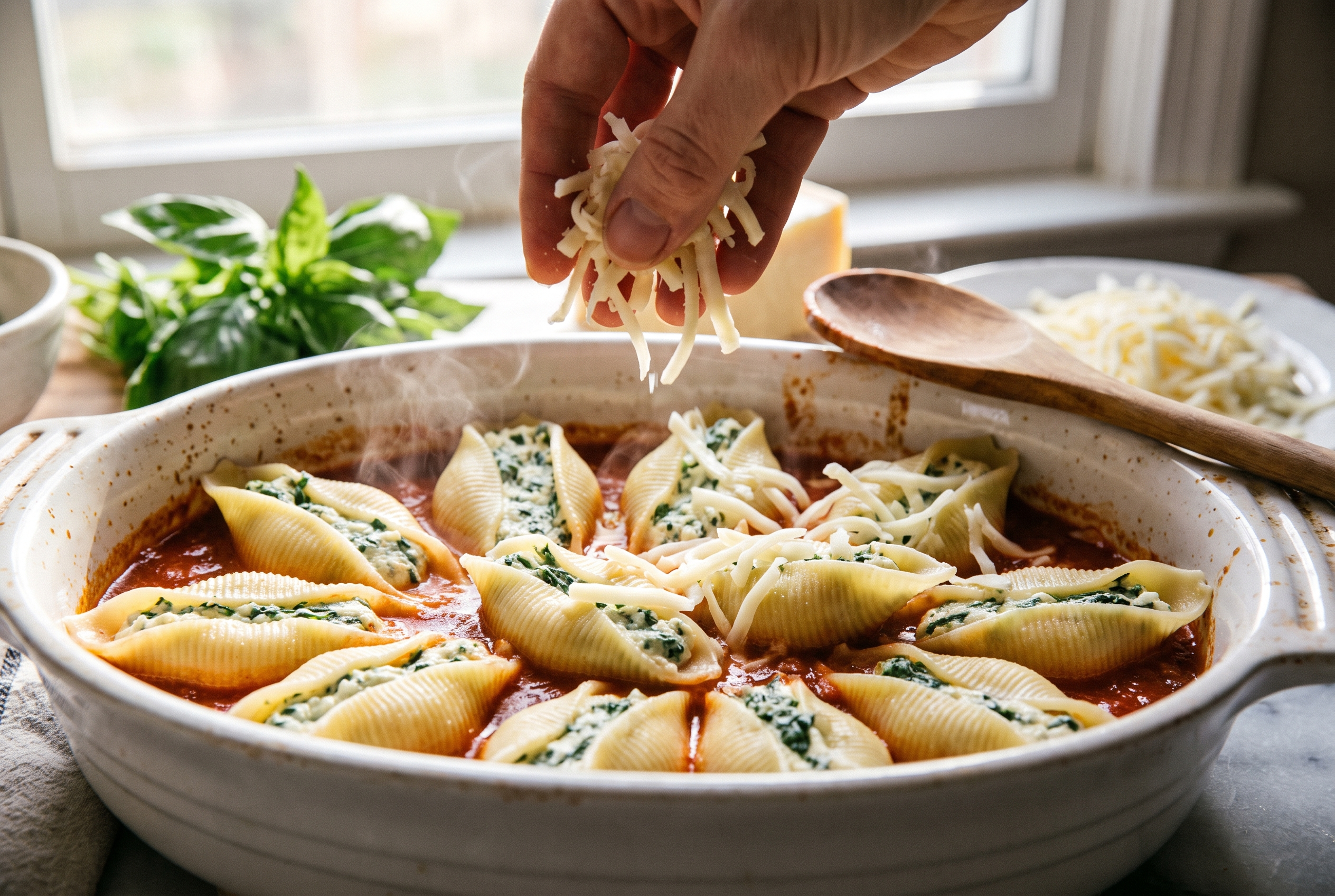 Close-up process photo of filled pasta shells nestled in marinara in a white baking dish being topped with shredded mozzarella