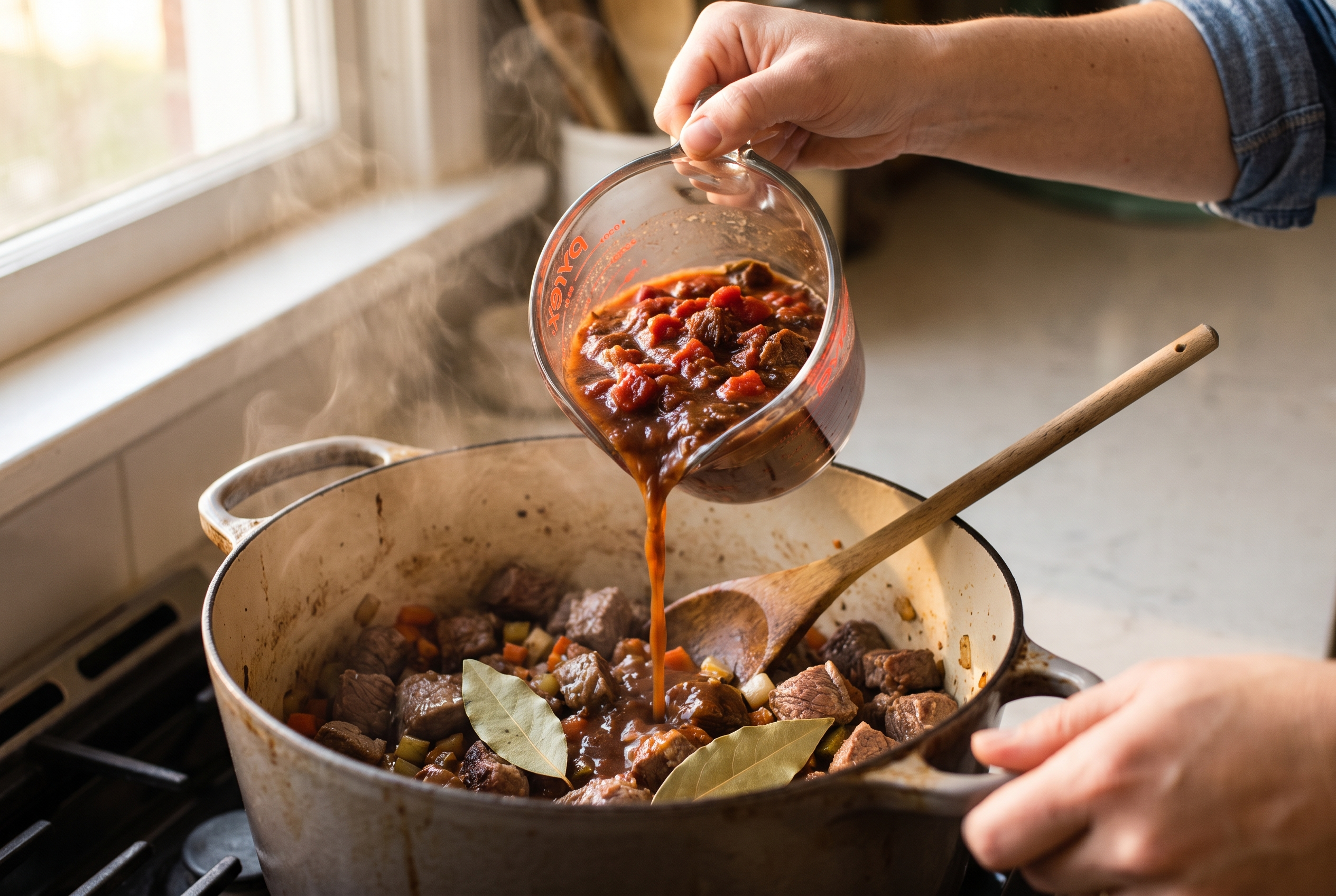 Close-up process photo of crushed tomatoes and beef broth being poured into a Dutch oven of seasoned beef with bay leaves