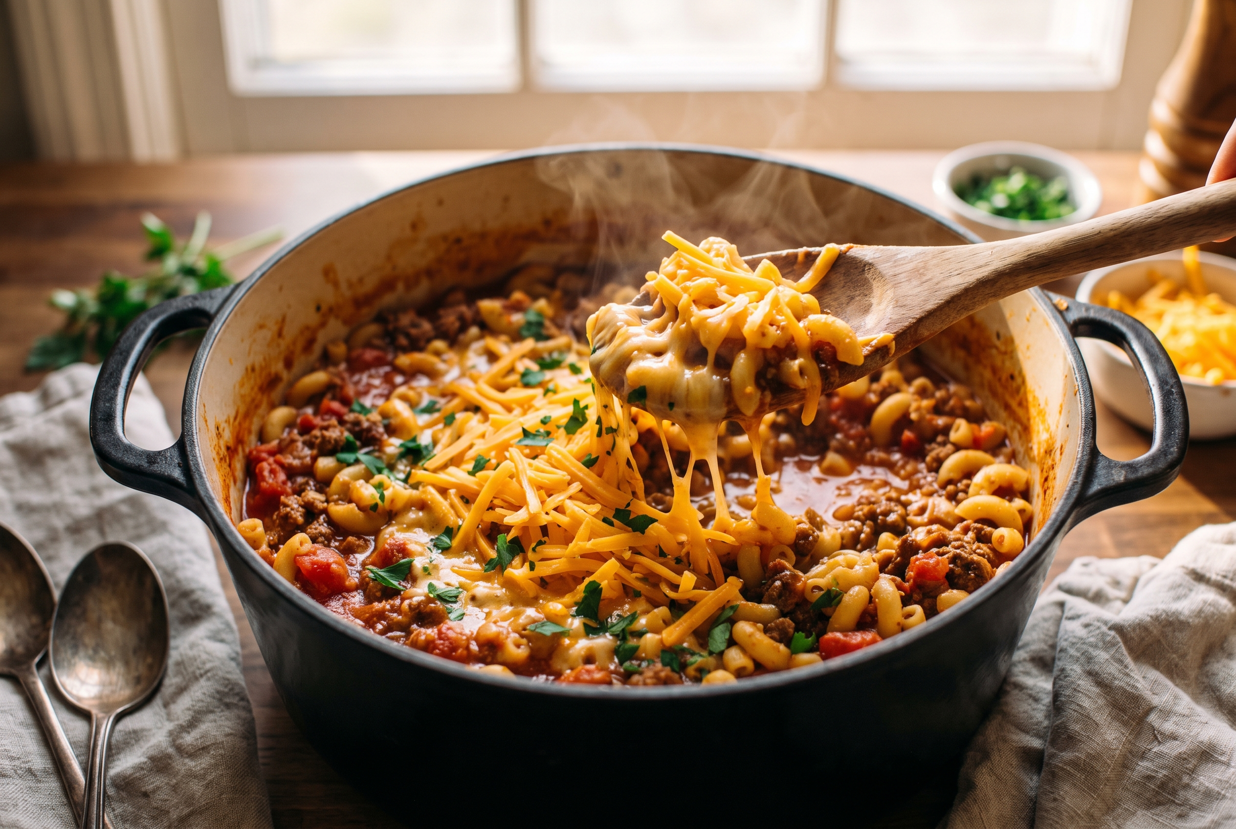 Close-up process photo of shredded cheddar being stirred into American goulash in a Dutch oven with parsley on top