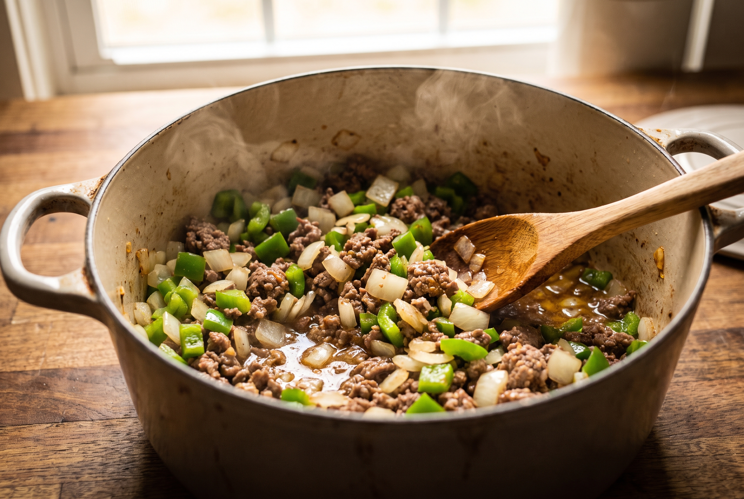 Close-up process photo of diced onion and green bell pepper cooking down with browned ground beef in a Dutch oven