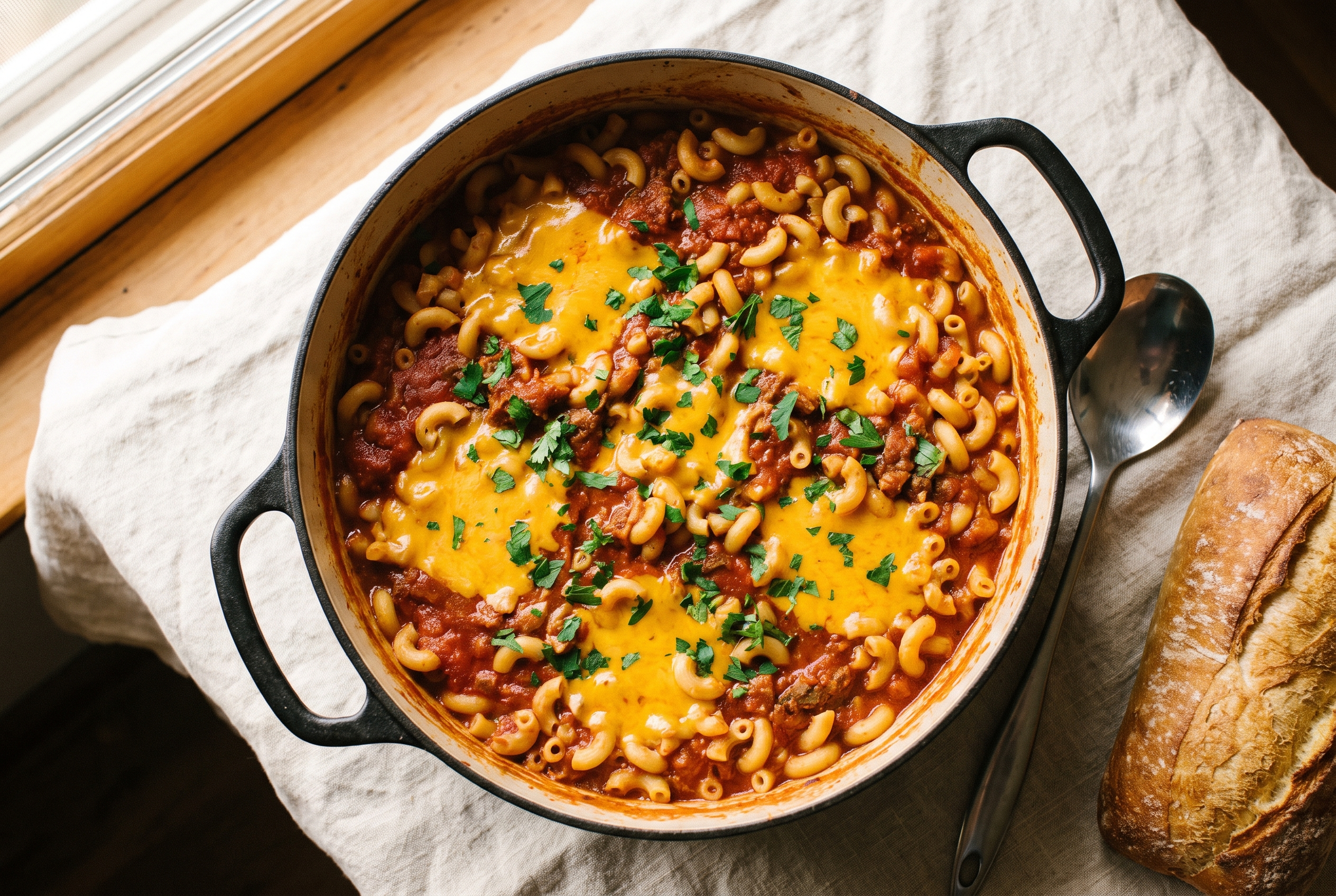 American goulash in a large pot with elbow macaroni in thick tomato beef sauce, melted cheddar and fresh parsley, easy one pot 40-minute comfort food recipe