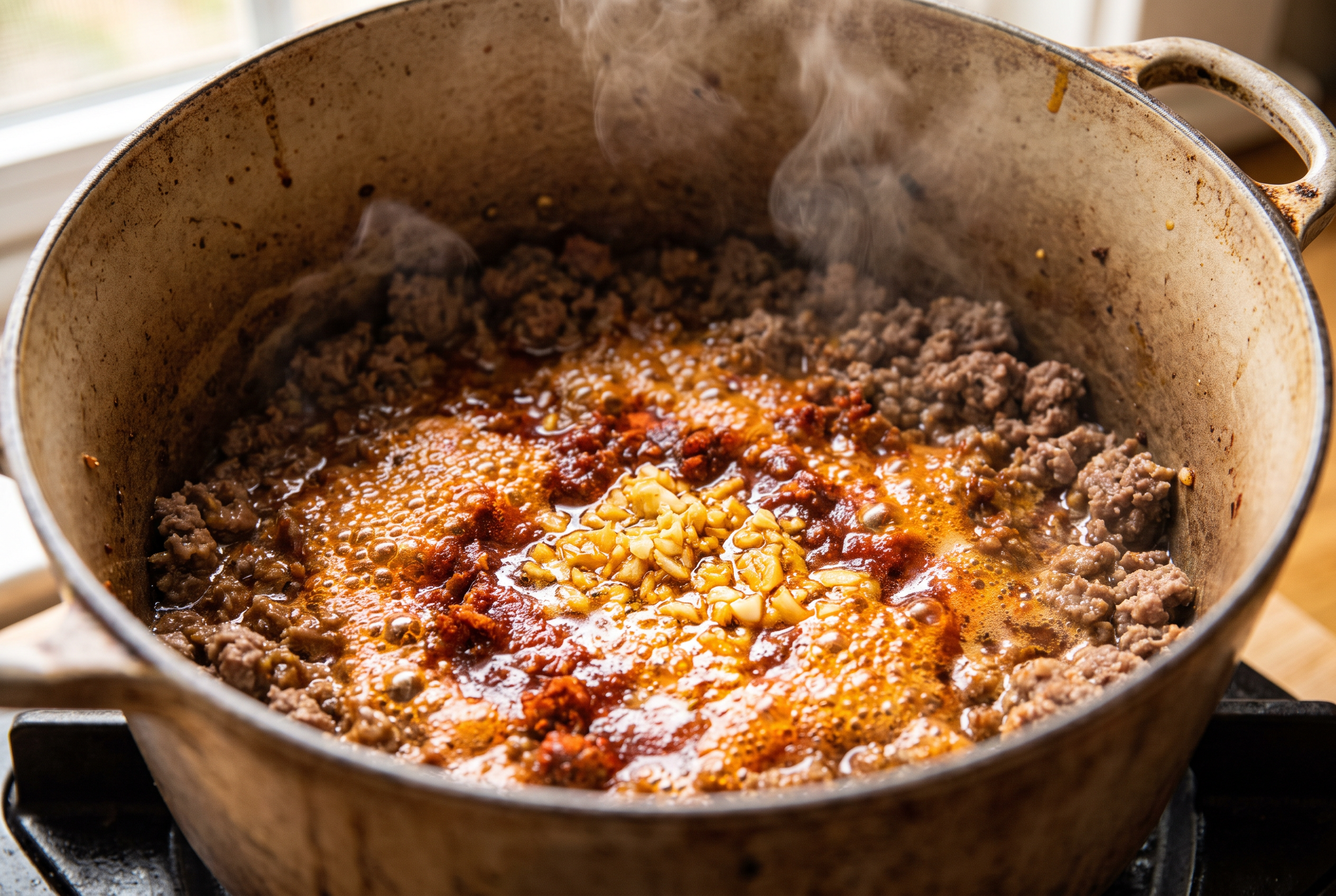 Close-up process photo of sweet paprika and minced garlic blooming in hot fat with ground beef in a Dutch oven