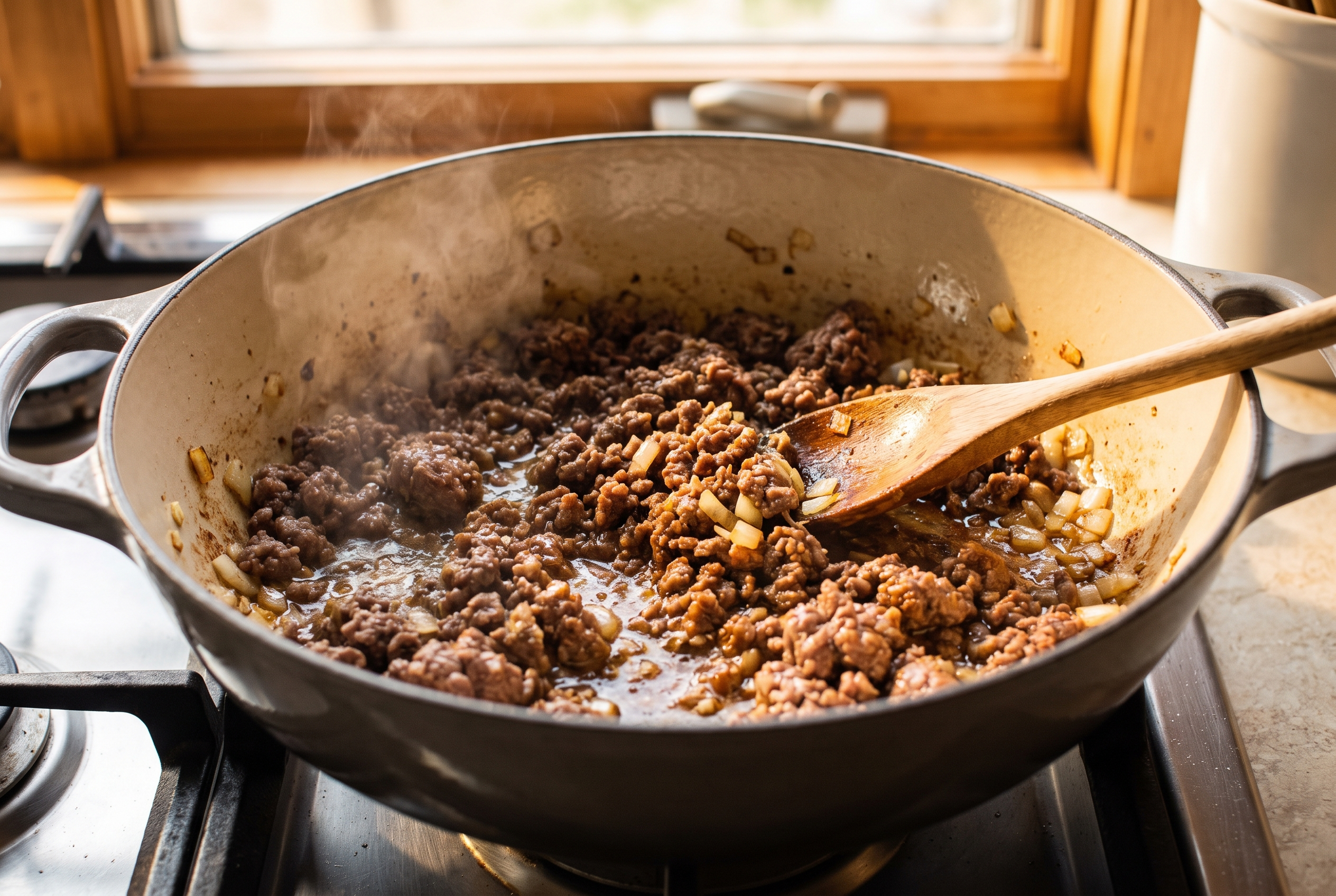 Close-up process photo of ground beef browning deeply in a large Dutch oven for American goulash, warm window light