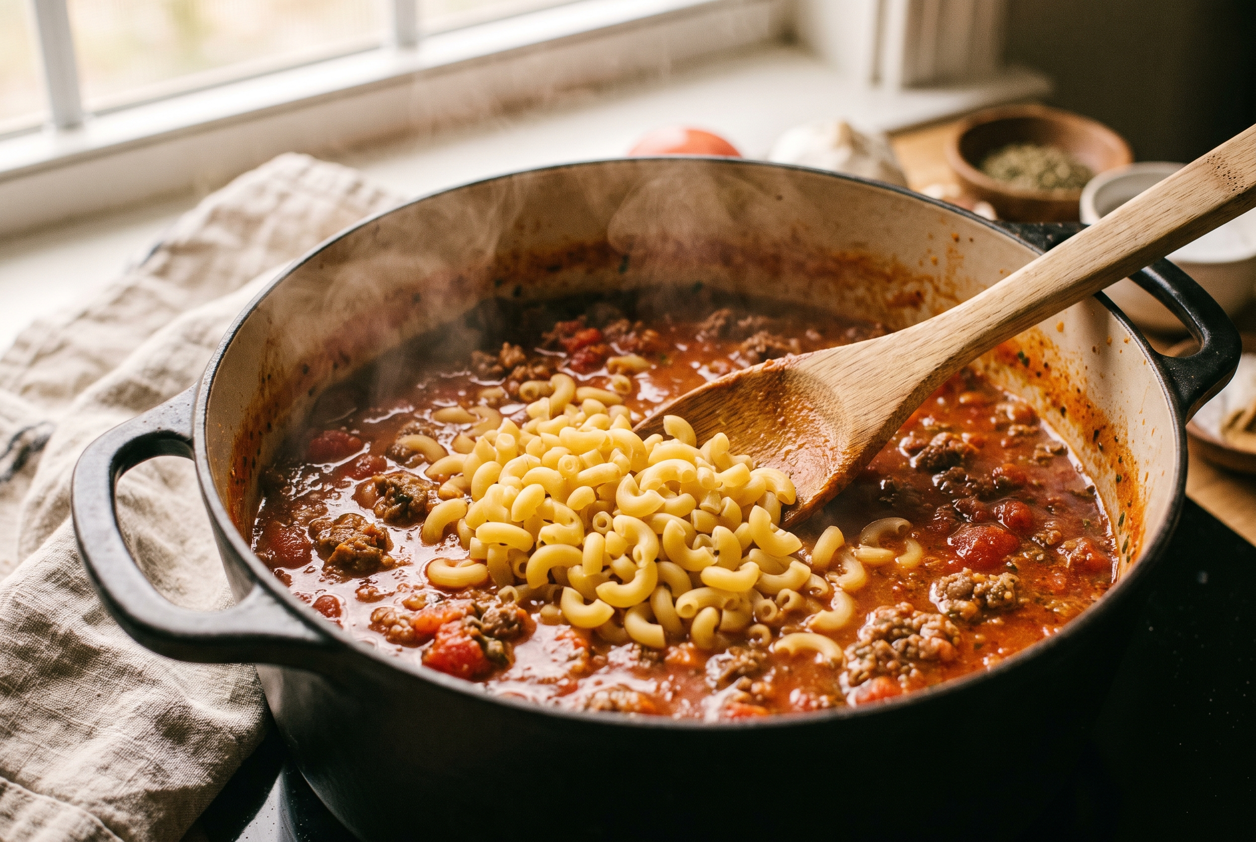 Close-up process photo of dry elbow macaroni being stirred into simmering tomato beef sauce in a Dutch oven