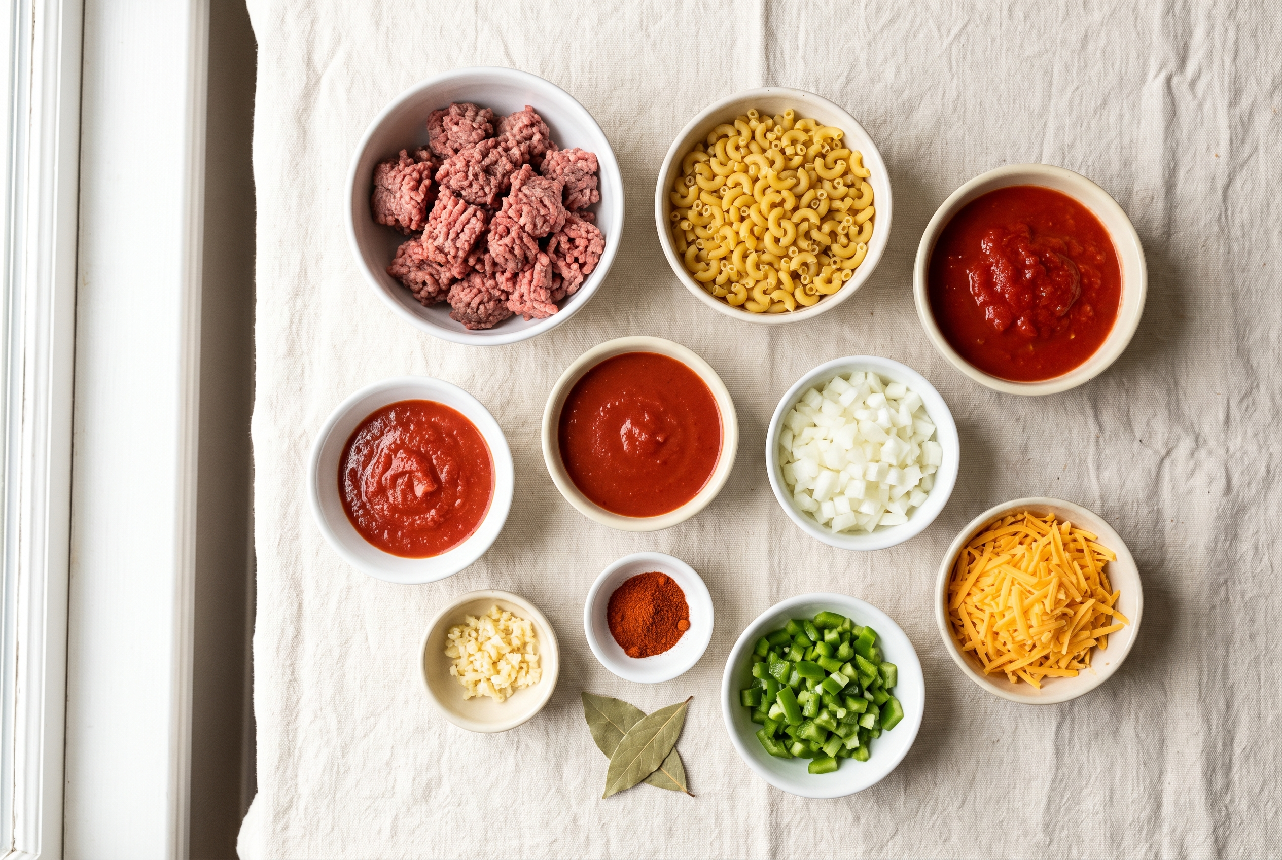 Overhead flat-lay of ingredients for American goulash in small white bowls — ground beef, elbow macaroni, crushed tomatoes, tomato sauce, onion, green pepper, garlic, paprika, bay leaves and cheddar