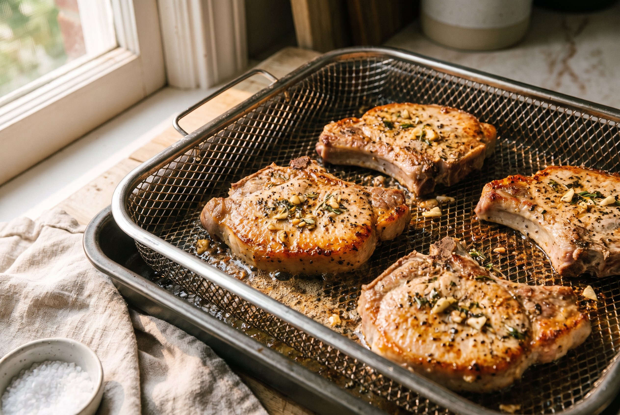 Close-up process photo of seasoned pork chops in a single layer in an air fryer basket, golden crust forming