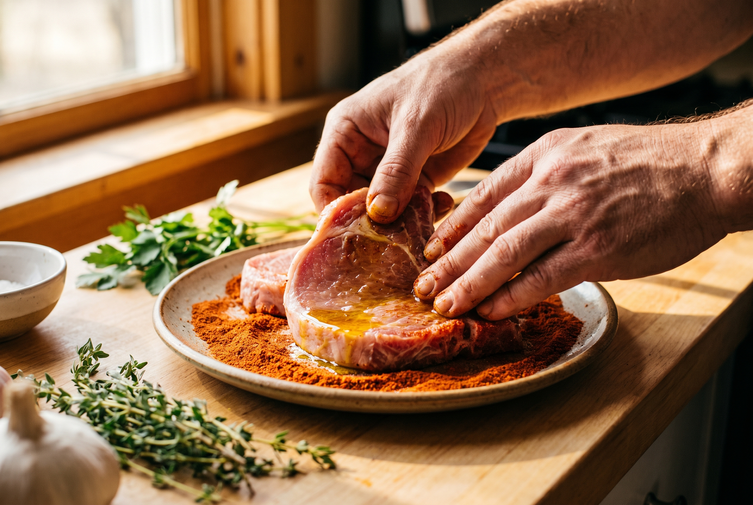 Close-up process photo of pork chops being coated with olive oil and pressed into a paprika spice rub on a plate