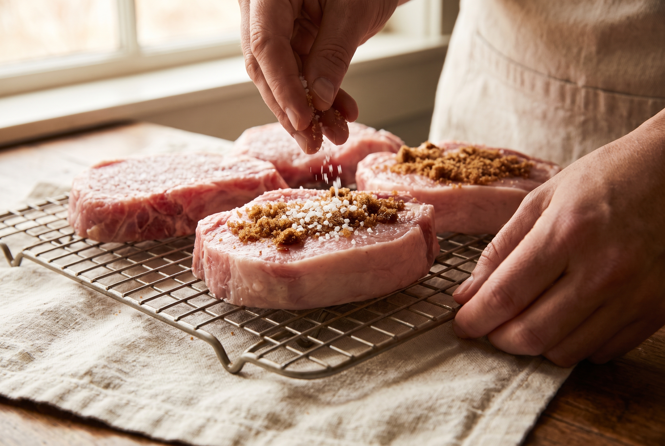 Close-up process photo of thick boneless pork chops being rubbed with kosher salt and brown sugar on a wire rack, cream linen