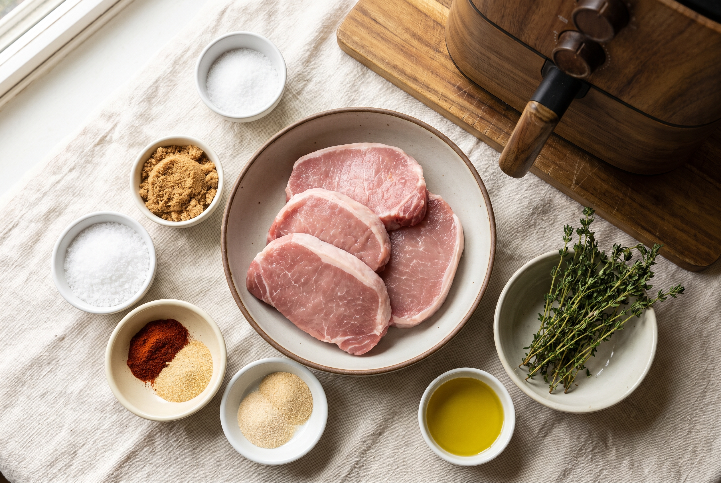 Overhead flat-lay of ingredients for air fryer pork chops in small white bowls — thick boneless pork chops, kosher salt, brown sugar, smoked paprika, garlic powder, onion powder, olive oil and fresh thyme