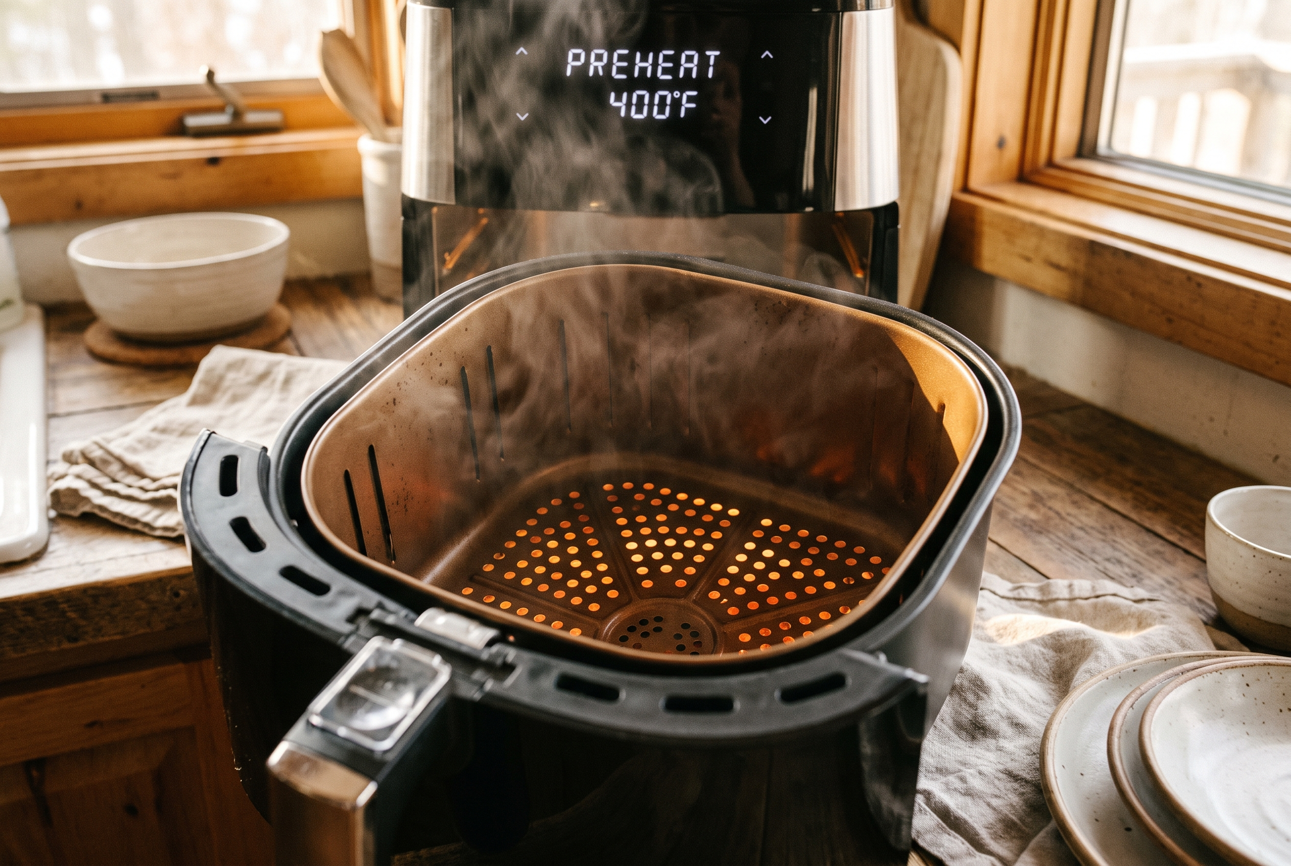 Close-up process photo of an empty air fryer basket preheating, warm kitchen light, premium food blog style