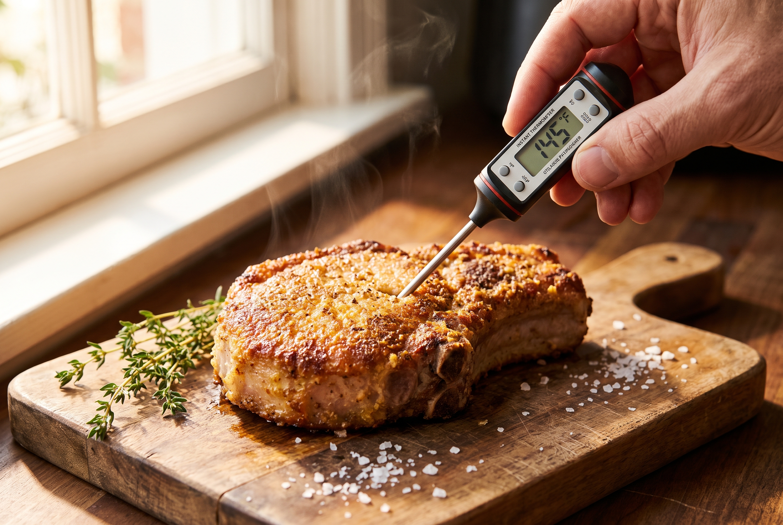 Close-up process photo of an instant-read thermometer showing 145°F in a golden air fryer pork chop resting on a board