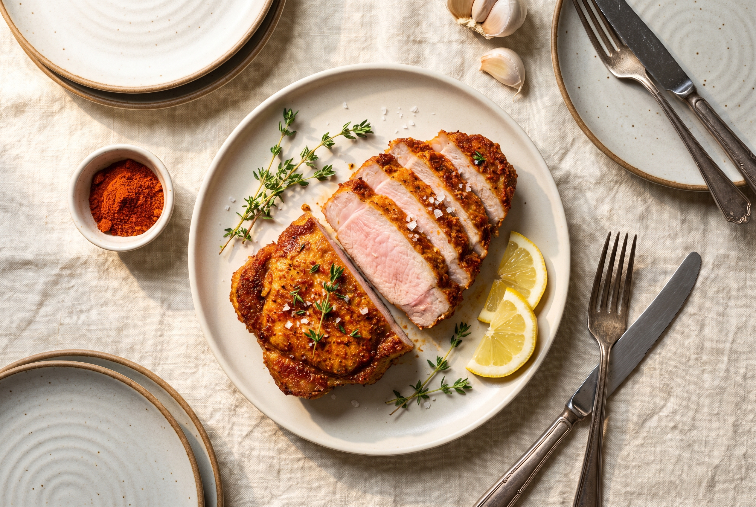 Air fryer pork chops sliced to show a juicy blush-pink centre with a golden paprika garlic crust, fresh thyme and lemon, easy 12-minute high protein dinner
