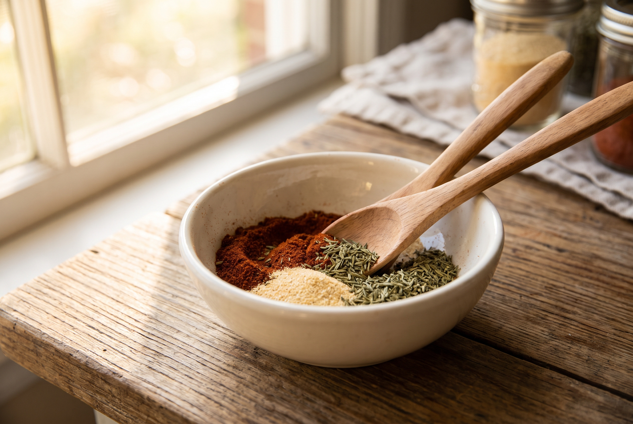 Close-up process photo of smoked paprika, garlic powder and dried thyme being stirred together in a small white bowl
