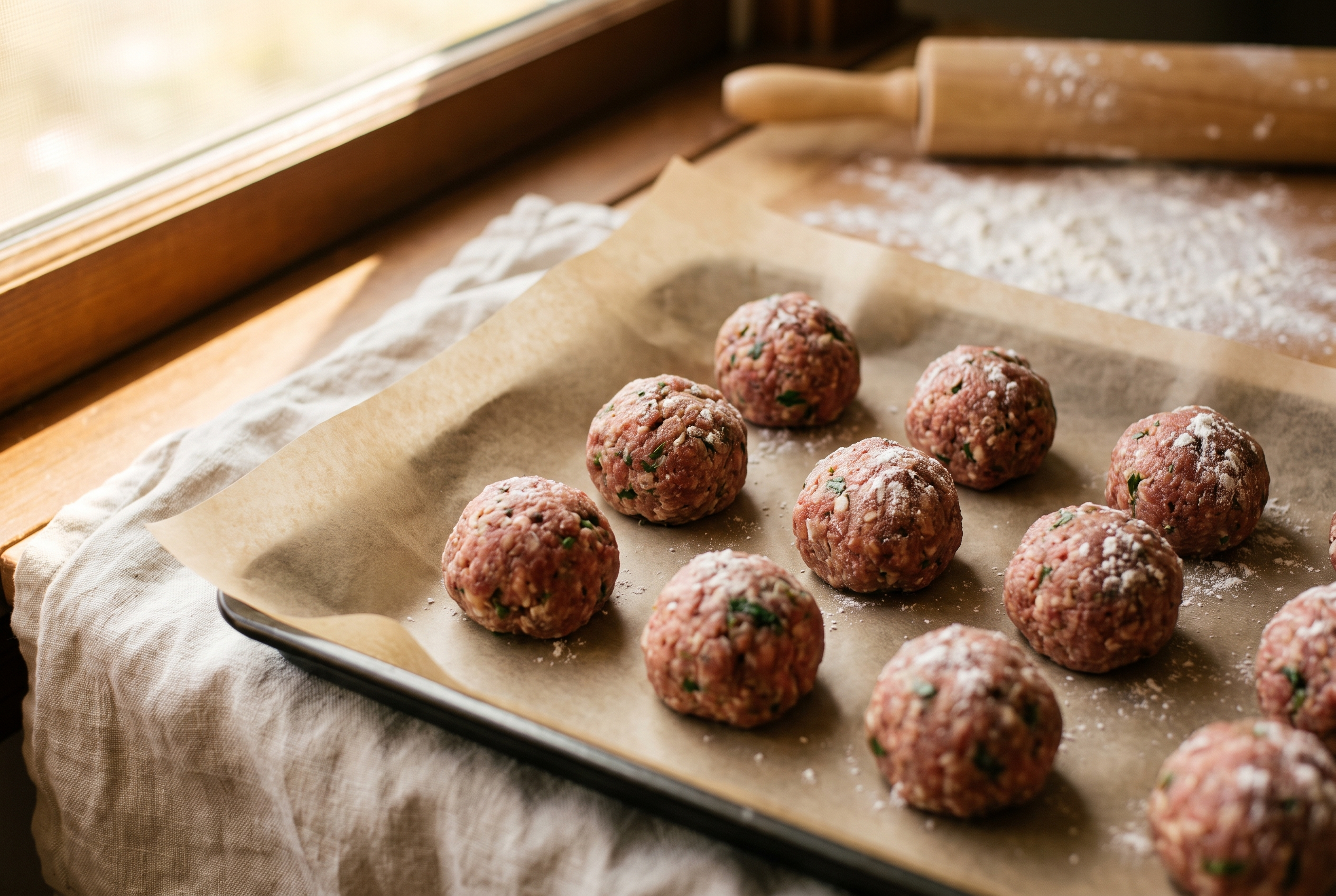 Close-up process photo of evenly rolled raw meatballs lined up on a tray, cream linen, warm window light