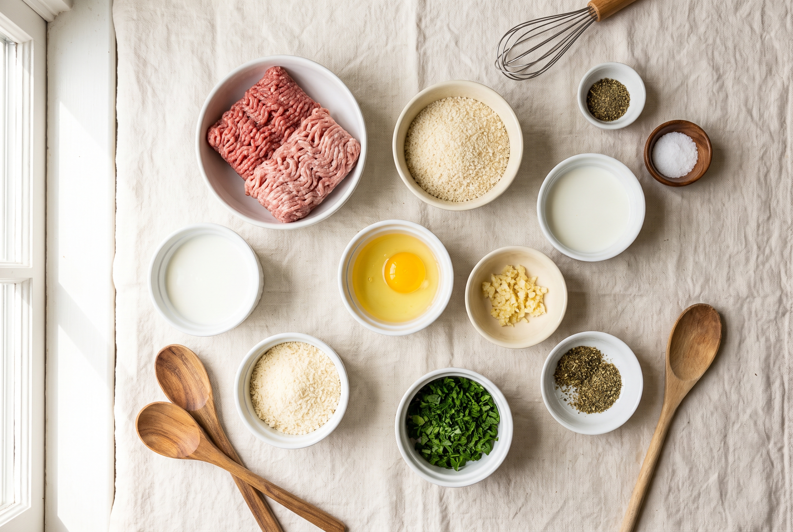 Overhead flat-lay of ingredients for air fryer meatballs in small white bowls — ground beef, ground pork, panko breadcrumbs, milk, egg, parmesan, garlic, parsley and Italian seasoning