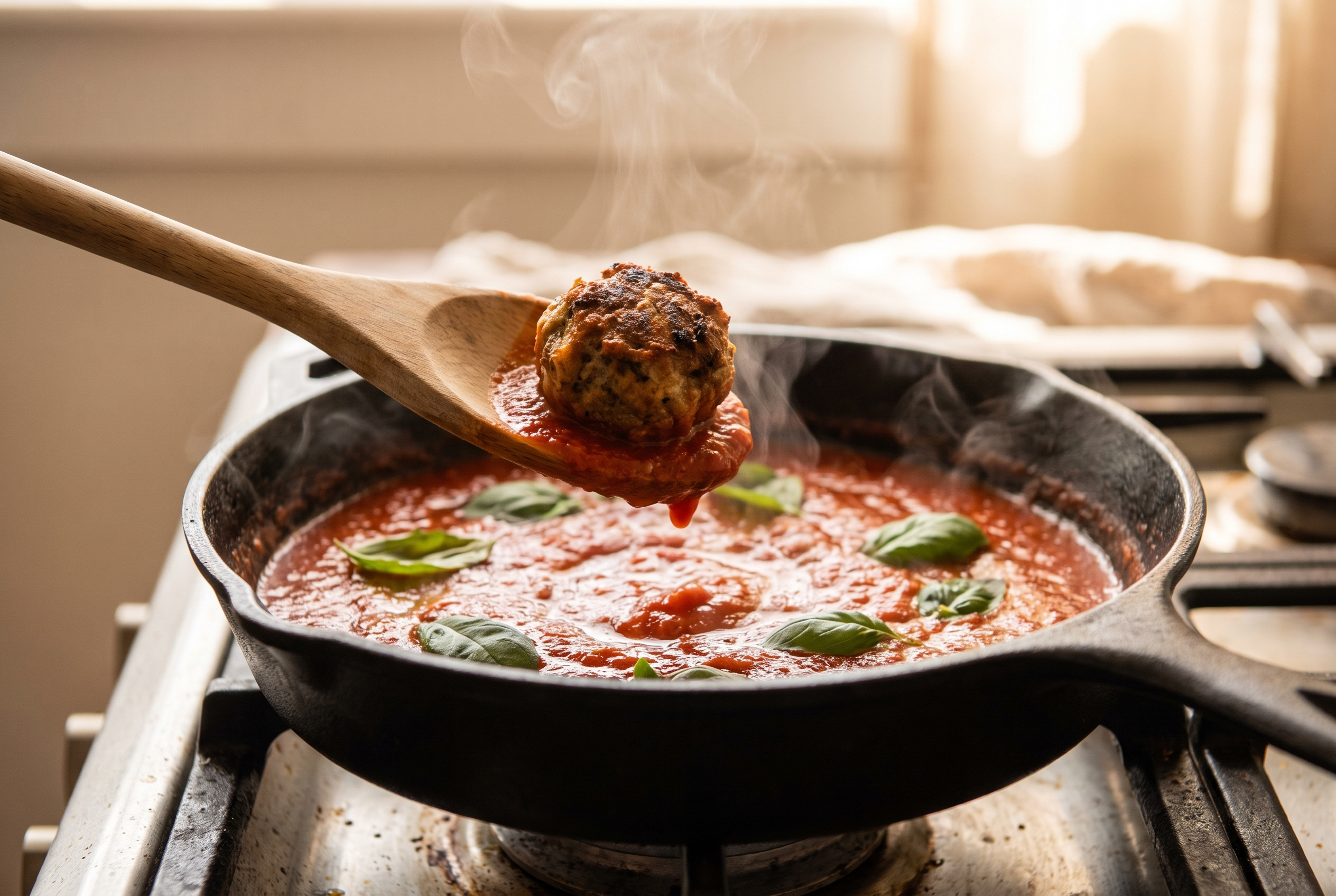 Close-up process photo of browned air fryer meatballs being spooned into warm marinara sauce in a skillet with basil