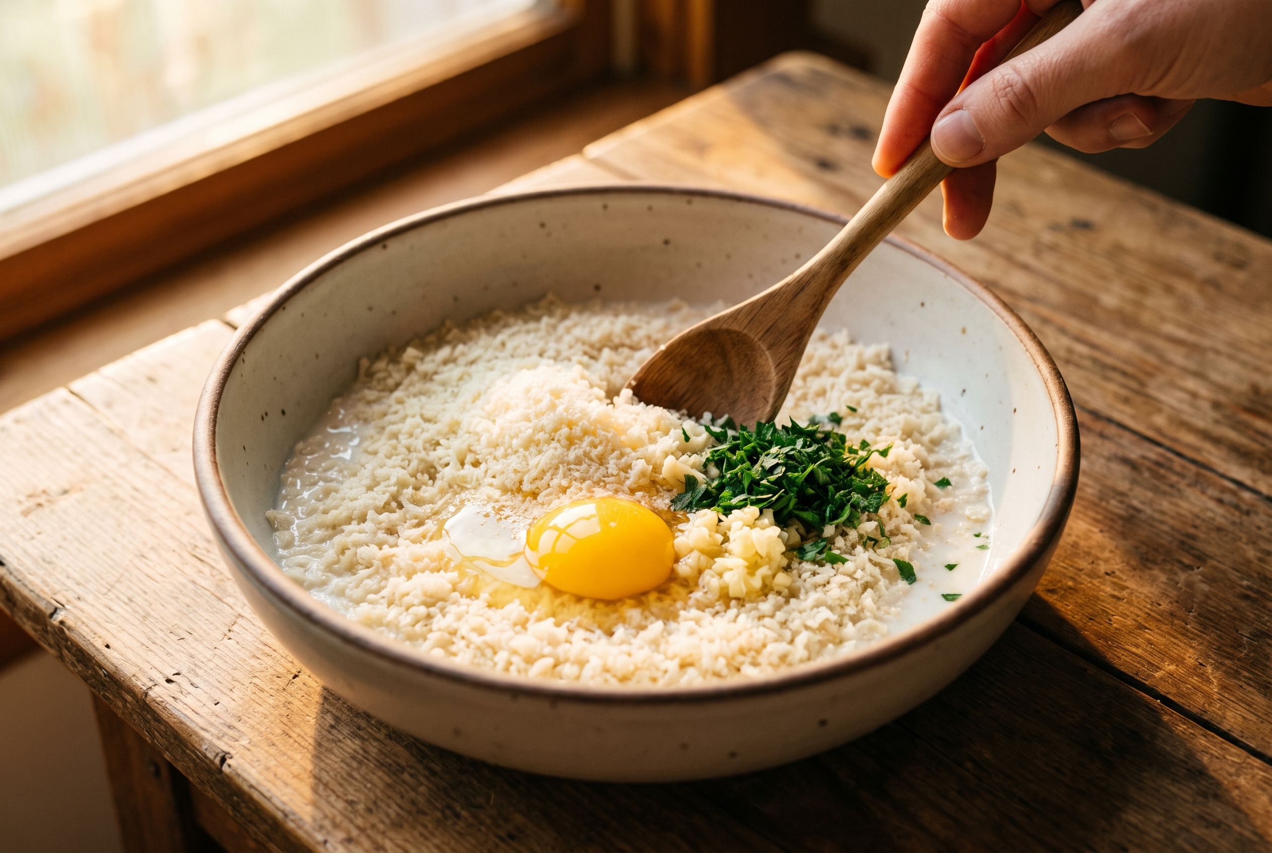 Close-up process photo of egg, parmesan, garlic and parsley being stirred into a panko panade in a mixing bowl