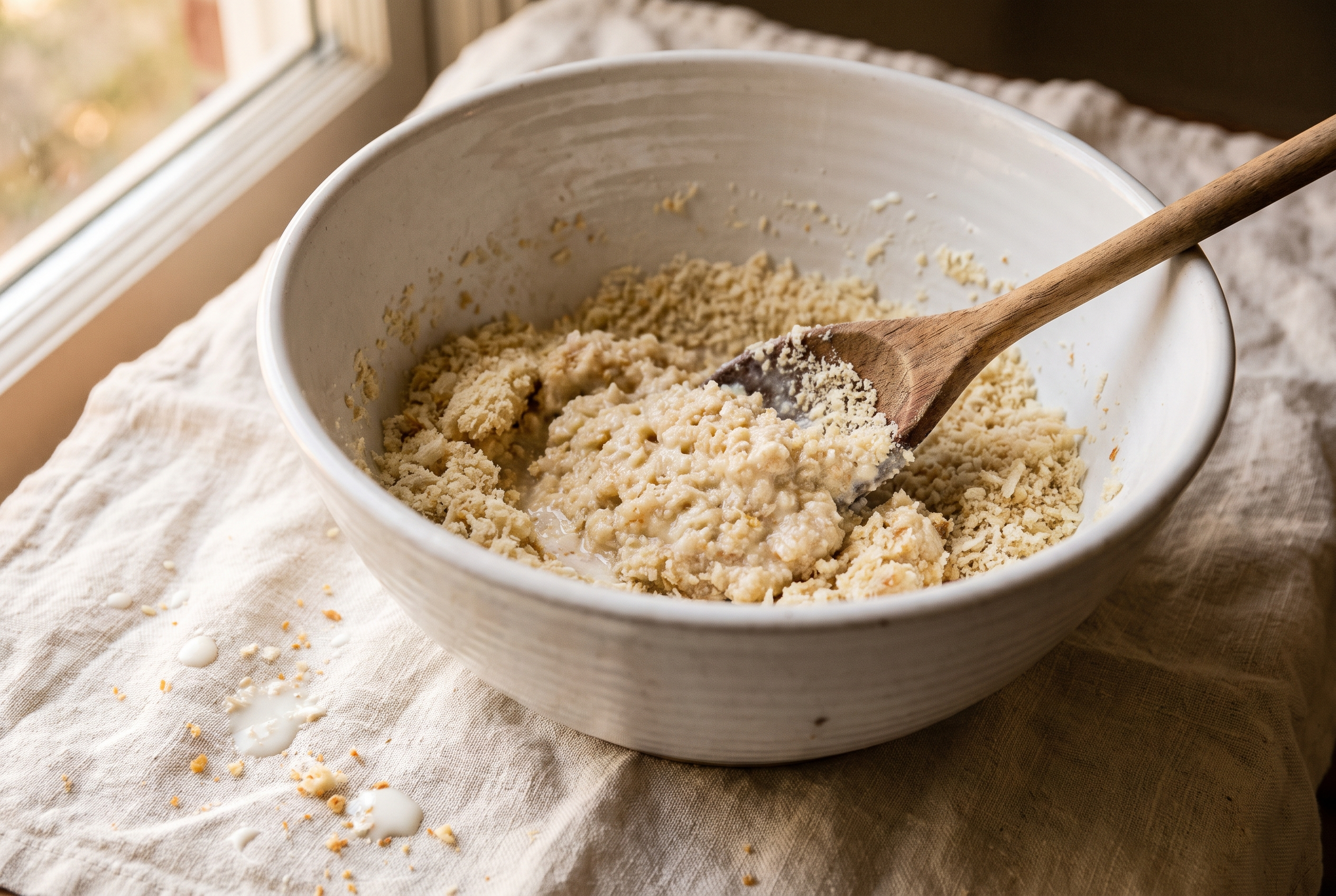 Close-up process photo of panko breadcrumbs soaking into milk to form a paste in a large white bowl, cream linen