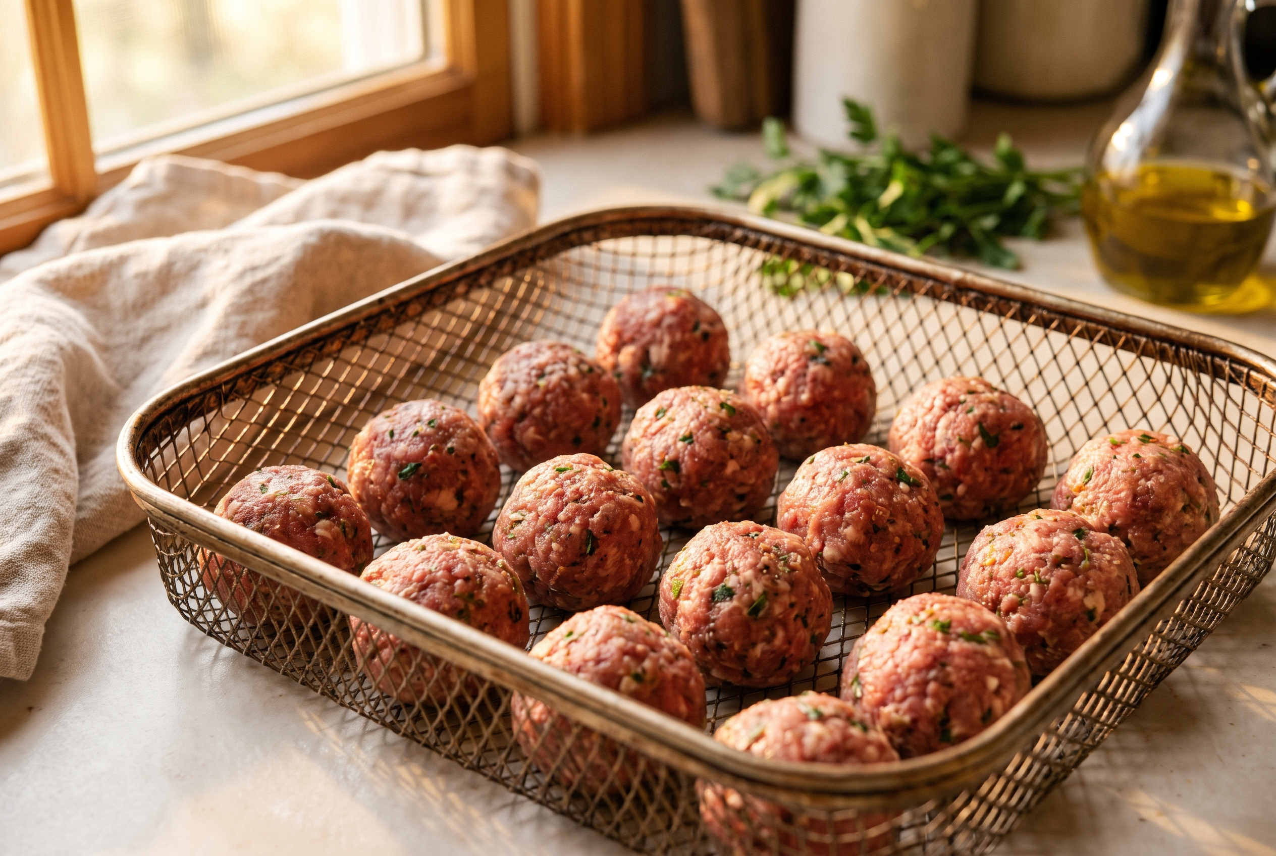 Close-up process photo of raw meatballs arranged with space between them in an air fryer basket