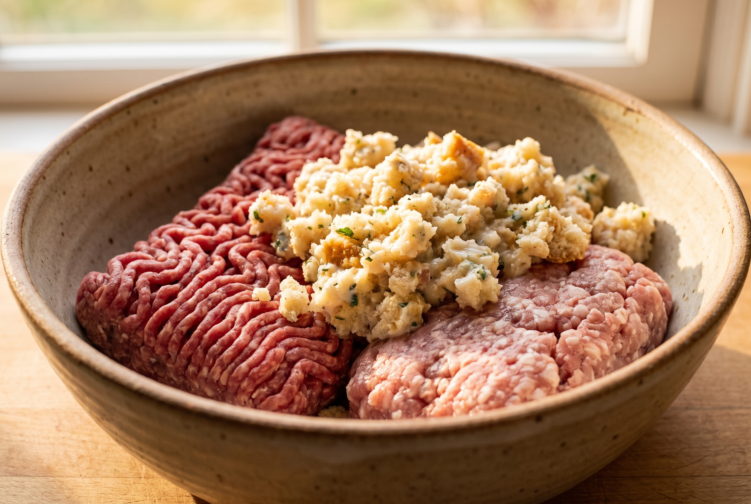Close-up process photo of ground beef and pork being gently folded into a seasoned panade by hand in a bowl