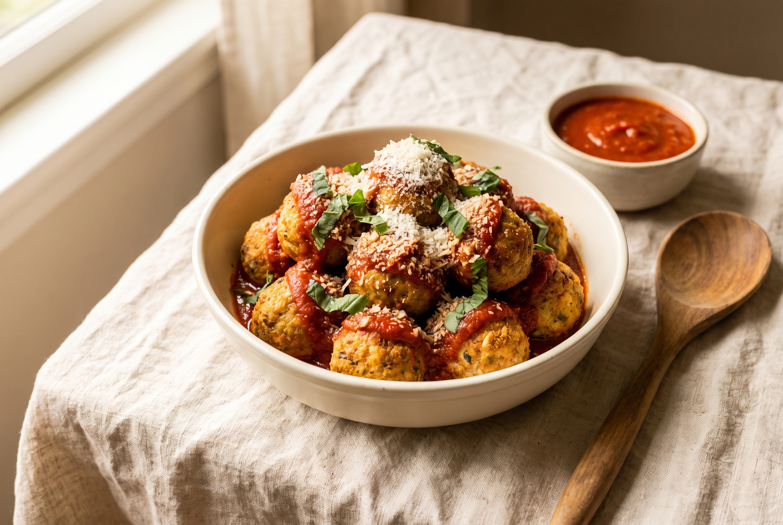 Air fryer meatballs browned all over piled in a cream bowl with marinara, fresh basil and grated parmesan, easy 15-minute high protein recipe