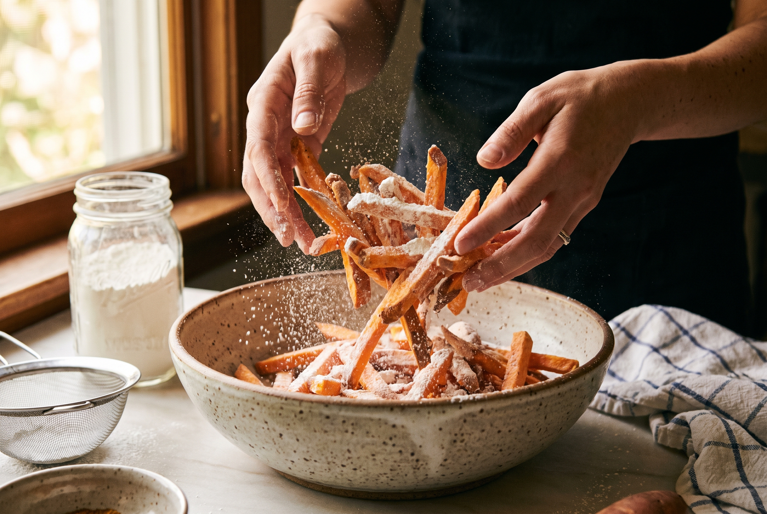 Close-up process photo of sweet potato fries being tossed with a light dusting of cornstarch in a large bowl