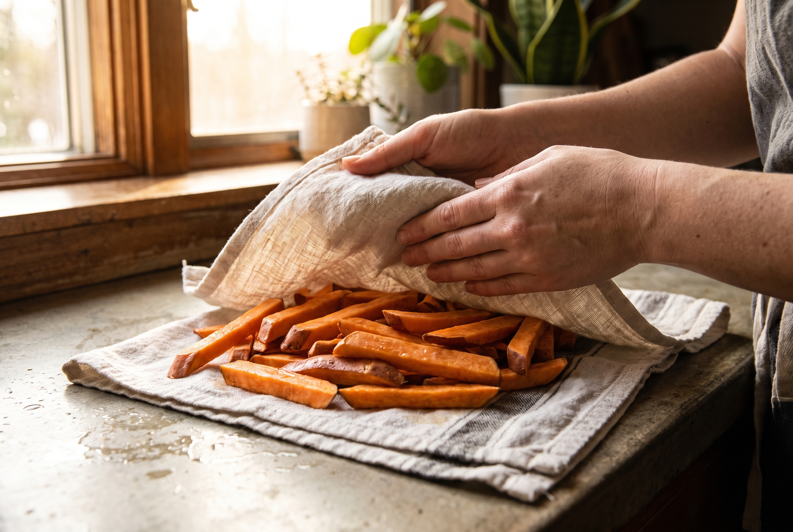 Close-up process photo of soaked sweet potato fries being patted dry on a clean kitchen towel
