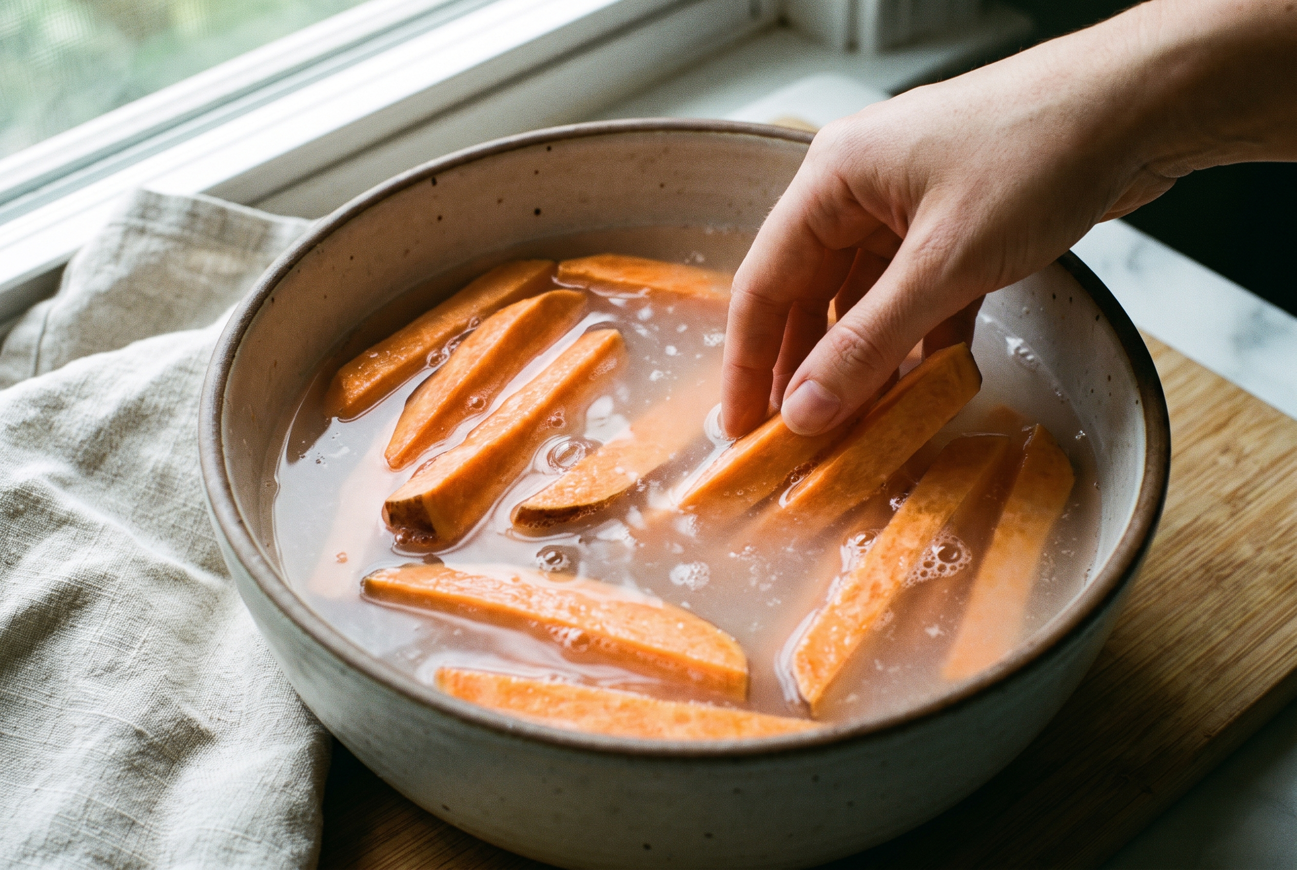 Close-up process photo of cut sweet potato fries soaking in a bowl of cold water turning cloudy, natural light