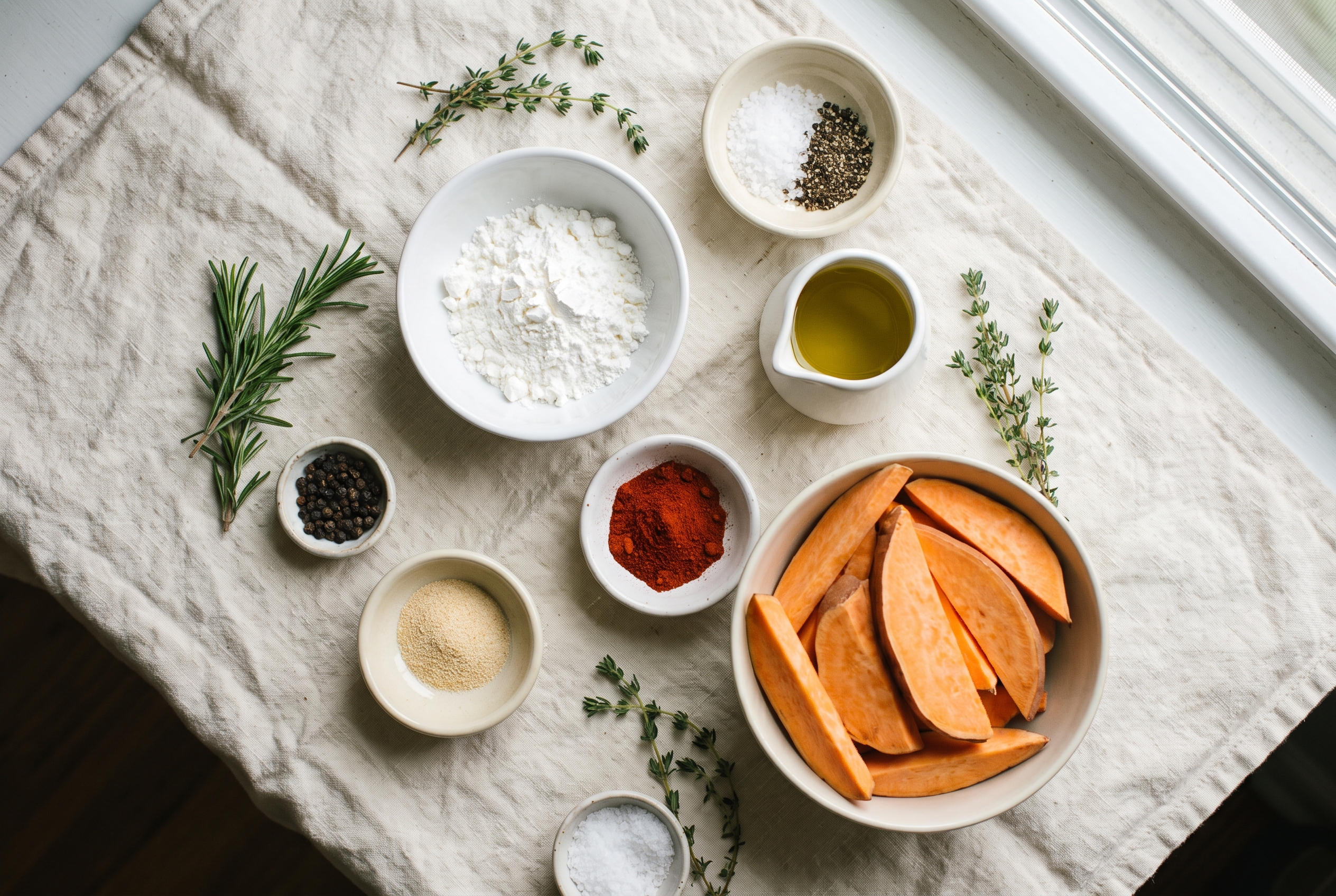 Overhead flat-lay of ingredients for air fryer sweet potato fries in small white bowls — sweet potatoes, cornstarch, olive oil, smoked paprika, garlic powder, salt and black pepper