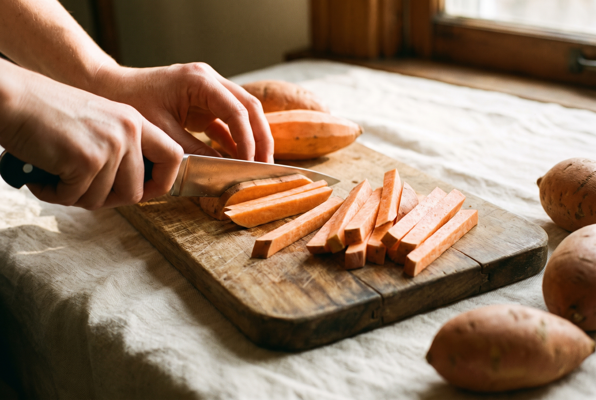 Close-up process photo of sweet potatoes being cut into even quarter-inch fries on a wooden board, cream linen