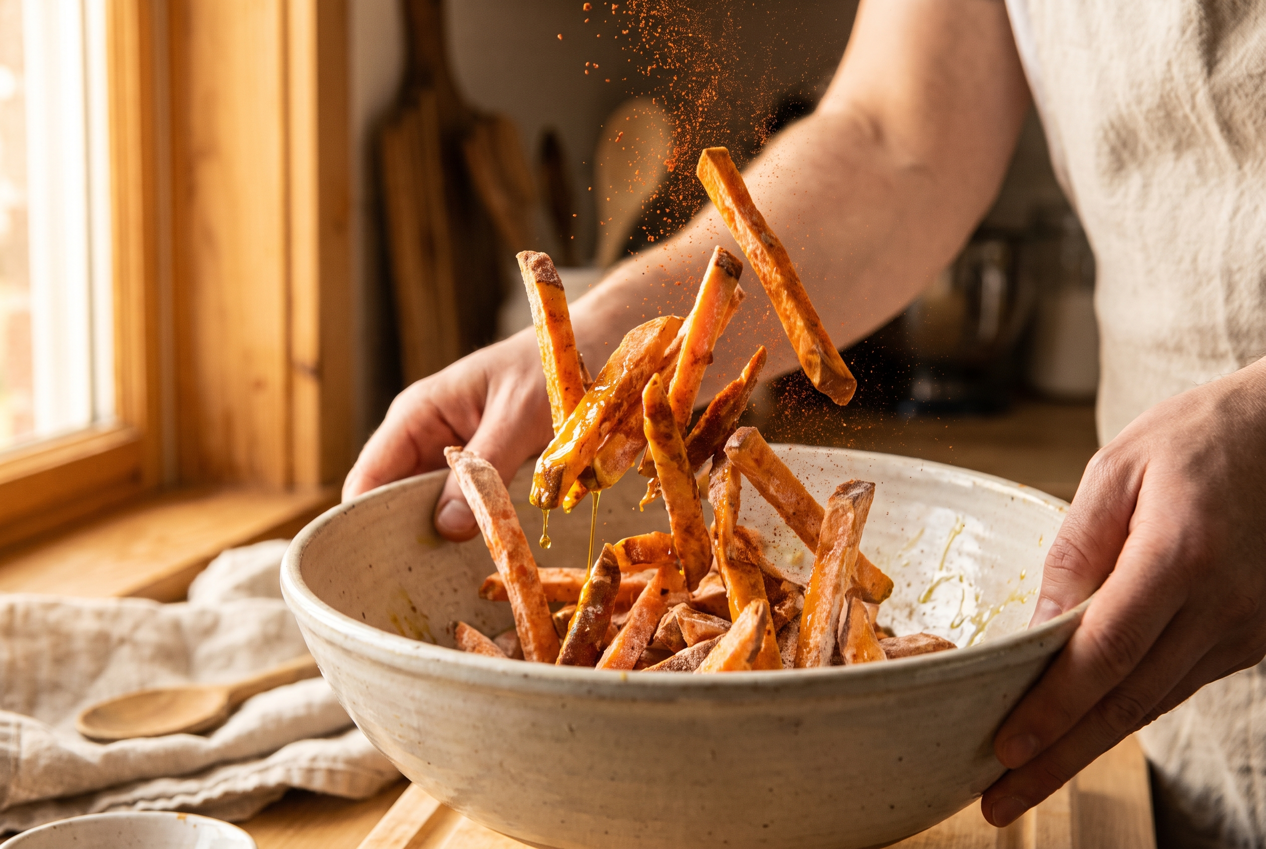 Close-up process photo of cornstarch-dusted sweet potato fries being tossed with olive oil and smoked paprika