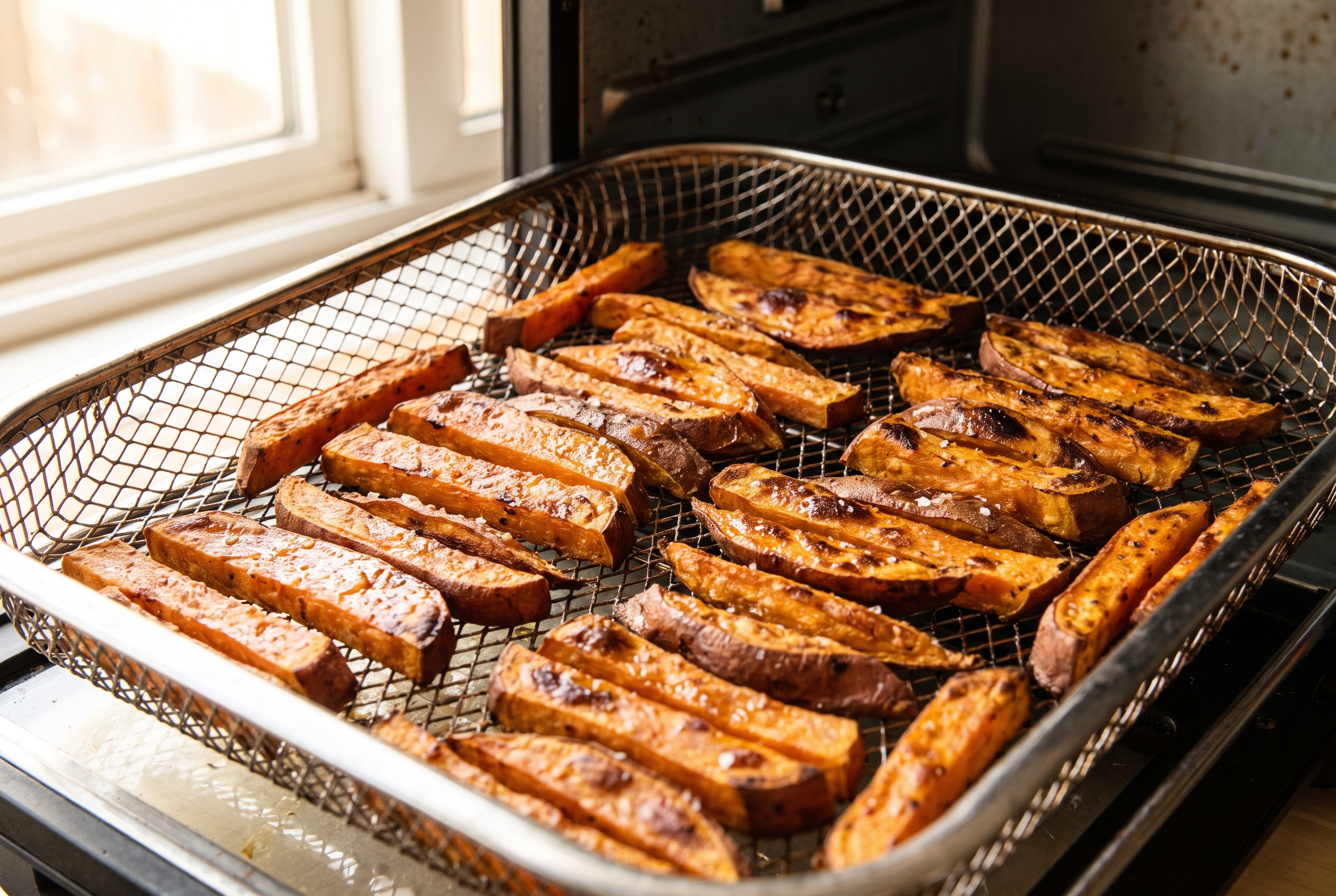 Close-up process photo of sweet potato fries in a single layer in an air fryer basket with crisp browned edges