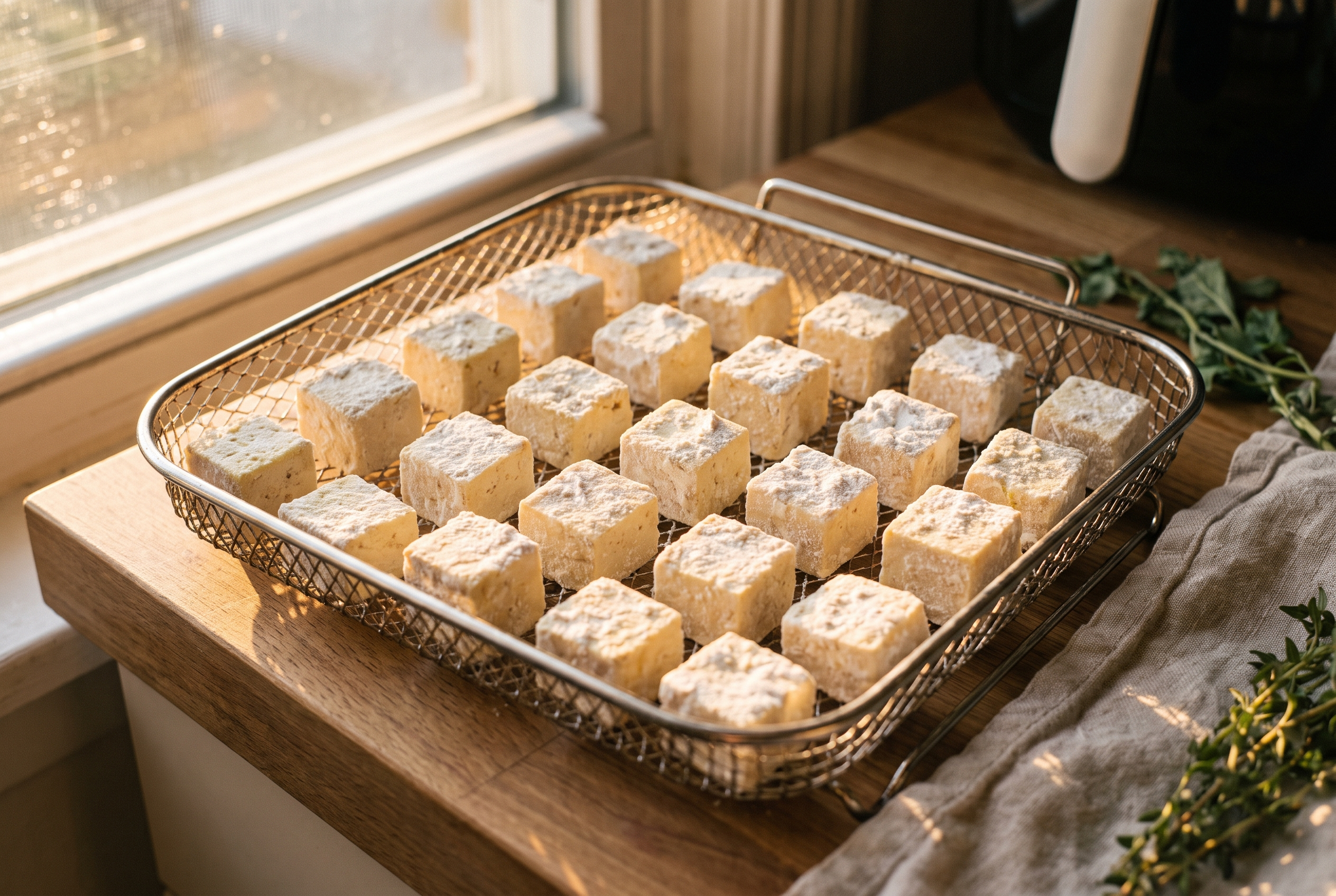 Close-up process photo of cornstarch-coated tofu cubes arranged in a single layer with gaps in an air fryer basket
