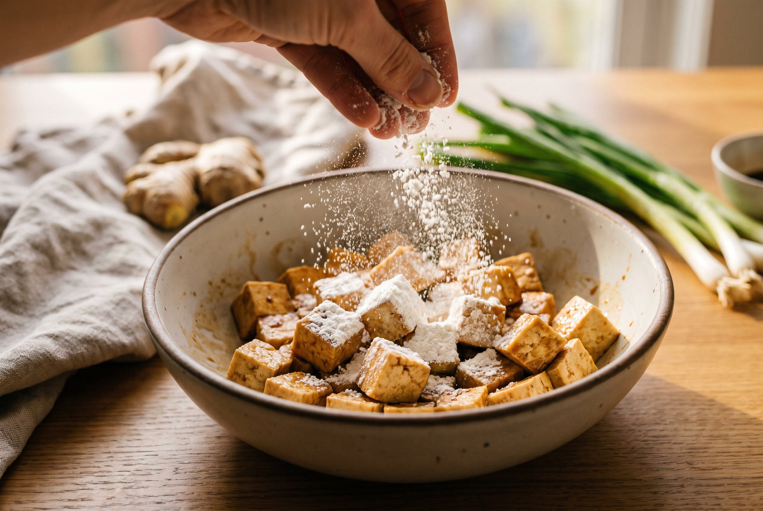 Close-up process photo of cornstarch being sprinkled and tossed over marinated tofu cubes in a bowl