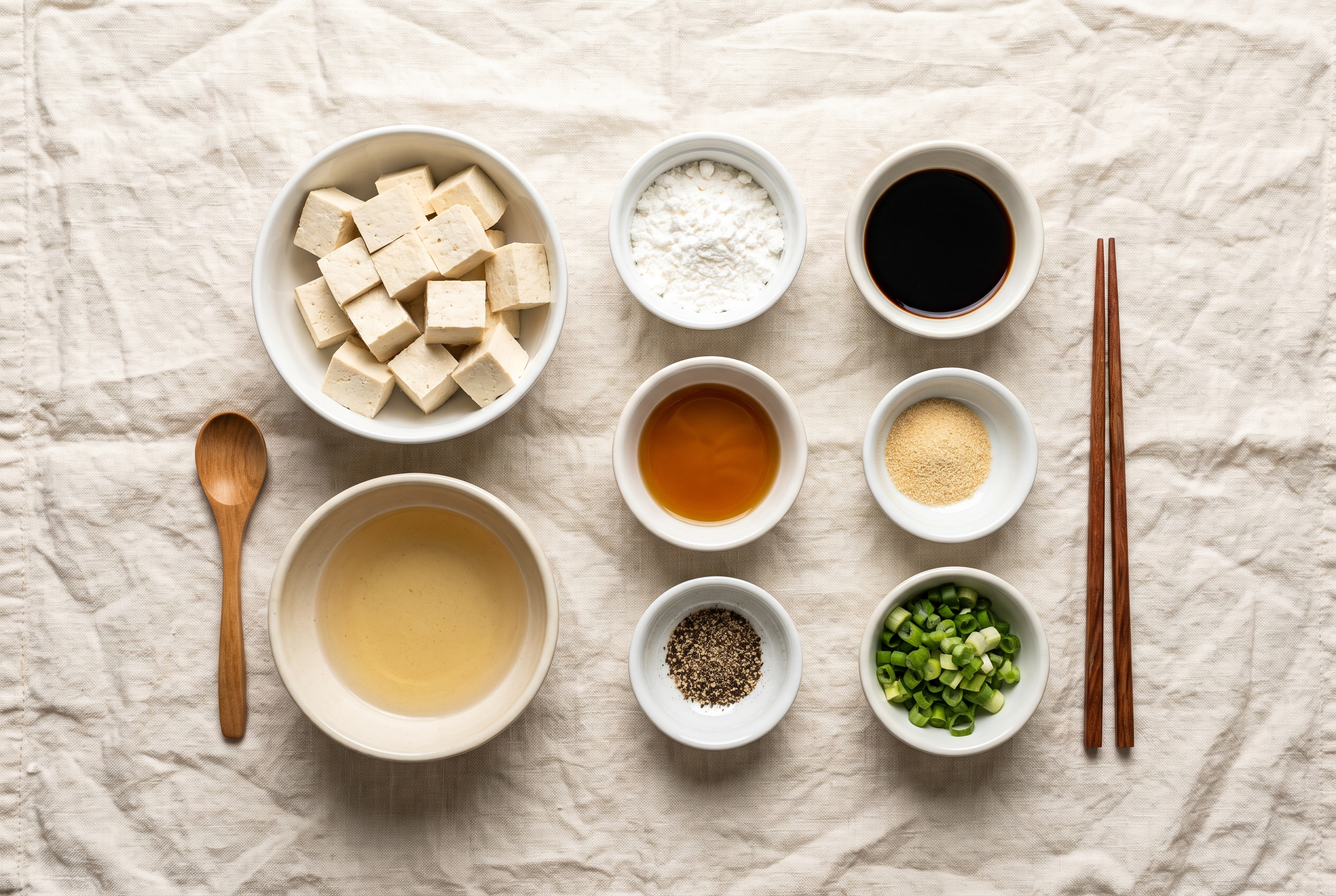 Overhead flat-lay of ingredients for air fryer tofu in small white bowls — block of extra firm tofu, cornstarch, soy sauce, sesame oil, garlic powder, black pepper and scallions