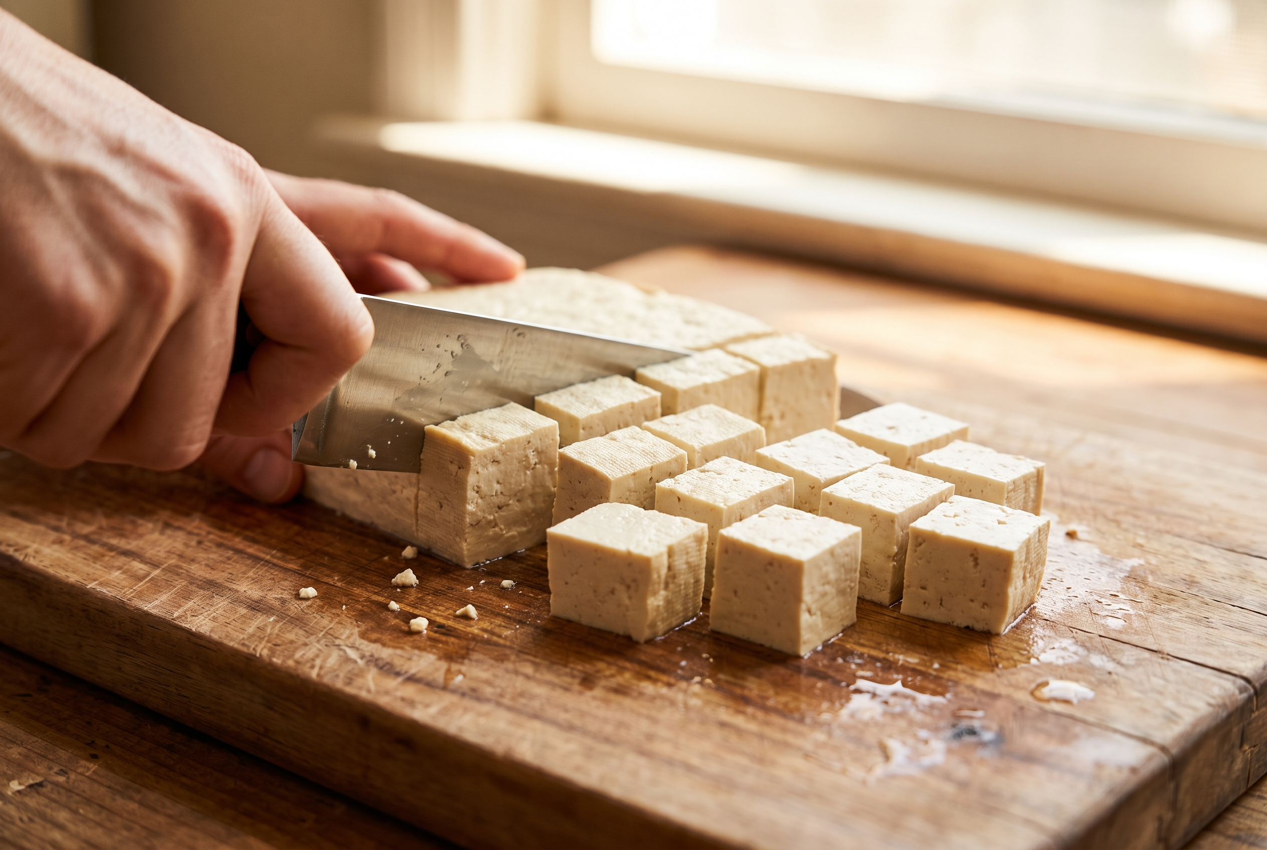 Close-up process photo of pressed extra firm tofu being cut into even three-quarter-inch cubes on a board