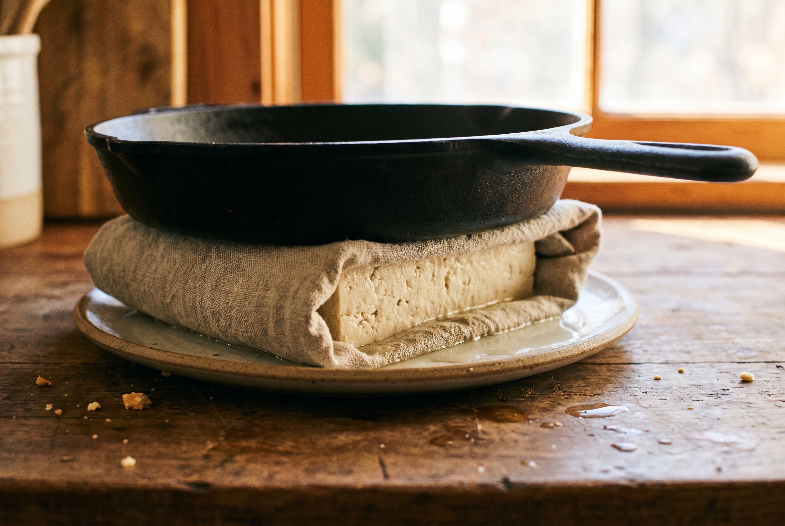Close-up process photo of a block of extra firm tofu wrapped in a towel and pressed under a heavy skillet on a plate