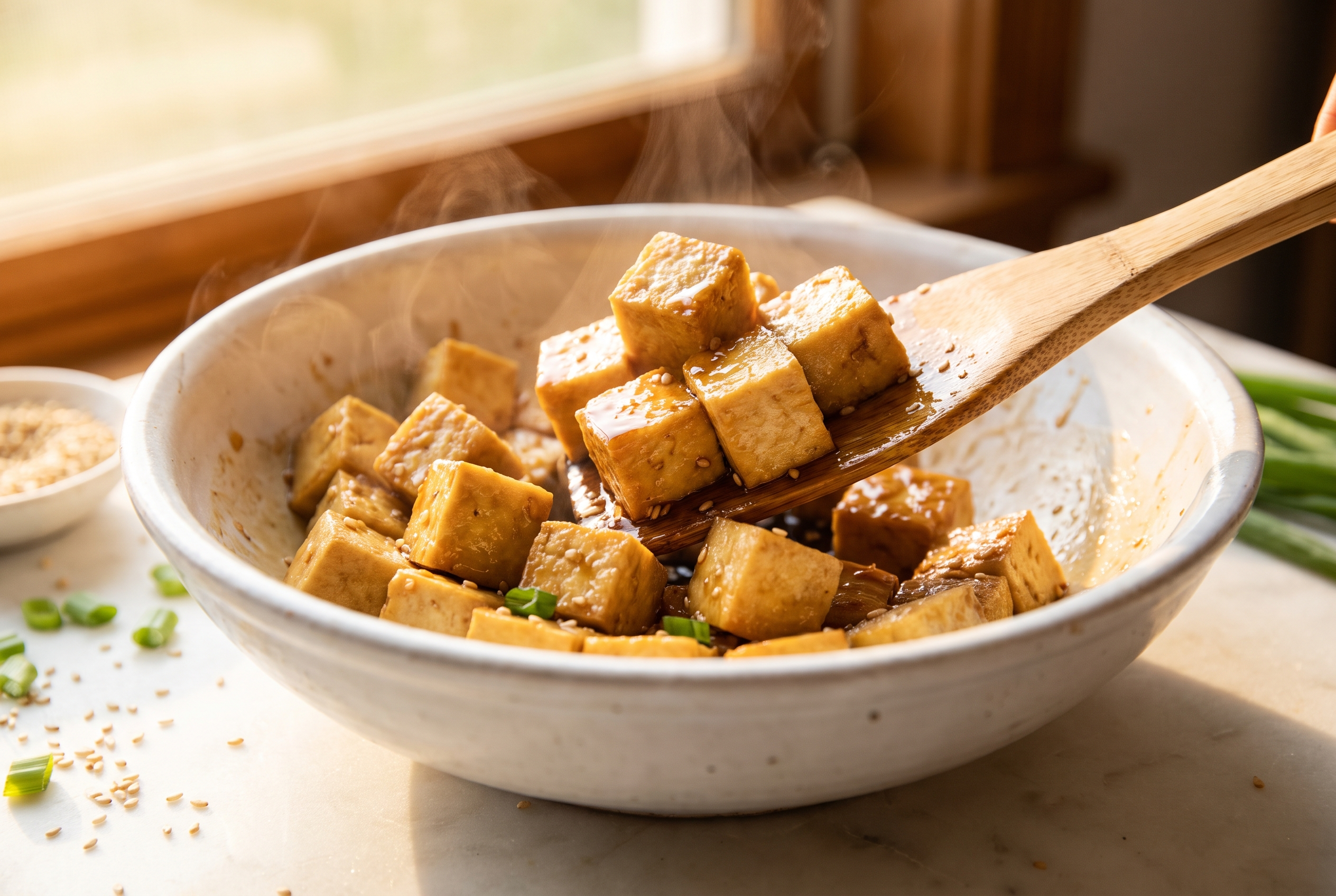Close-up process photo of tofu cubes being gently tossed with soy sauce and sesame oil in a white bowl