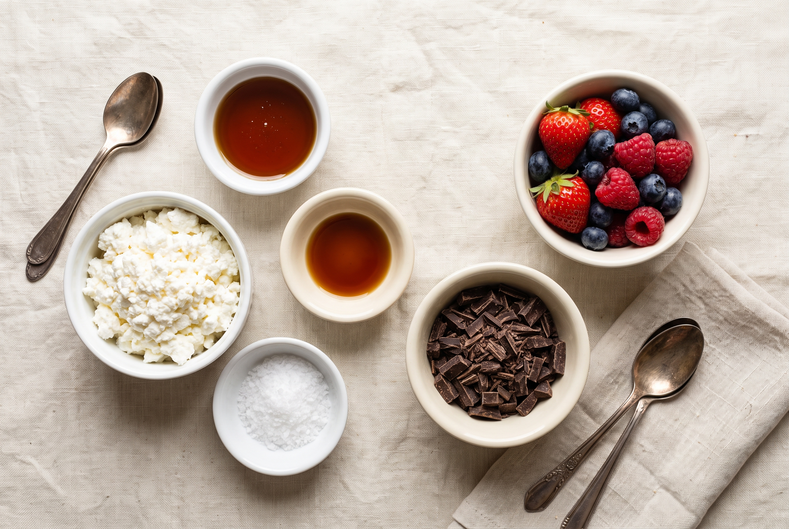 Overhead flat-lay of ingredients for cottage cheese ice cream in small white bowls — full fat cottage cheese, maple syrup, vanilla extract, a pinch of salt, berries and dark chocolate