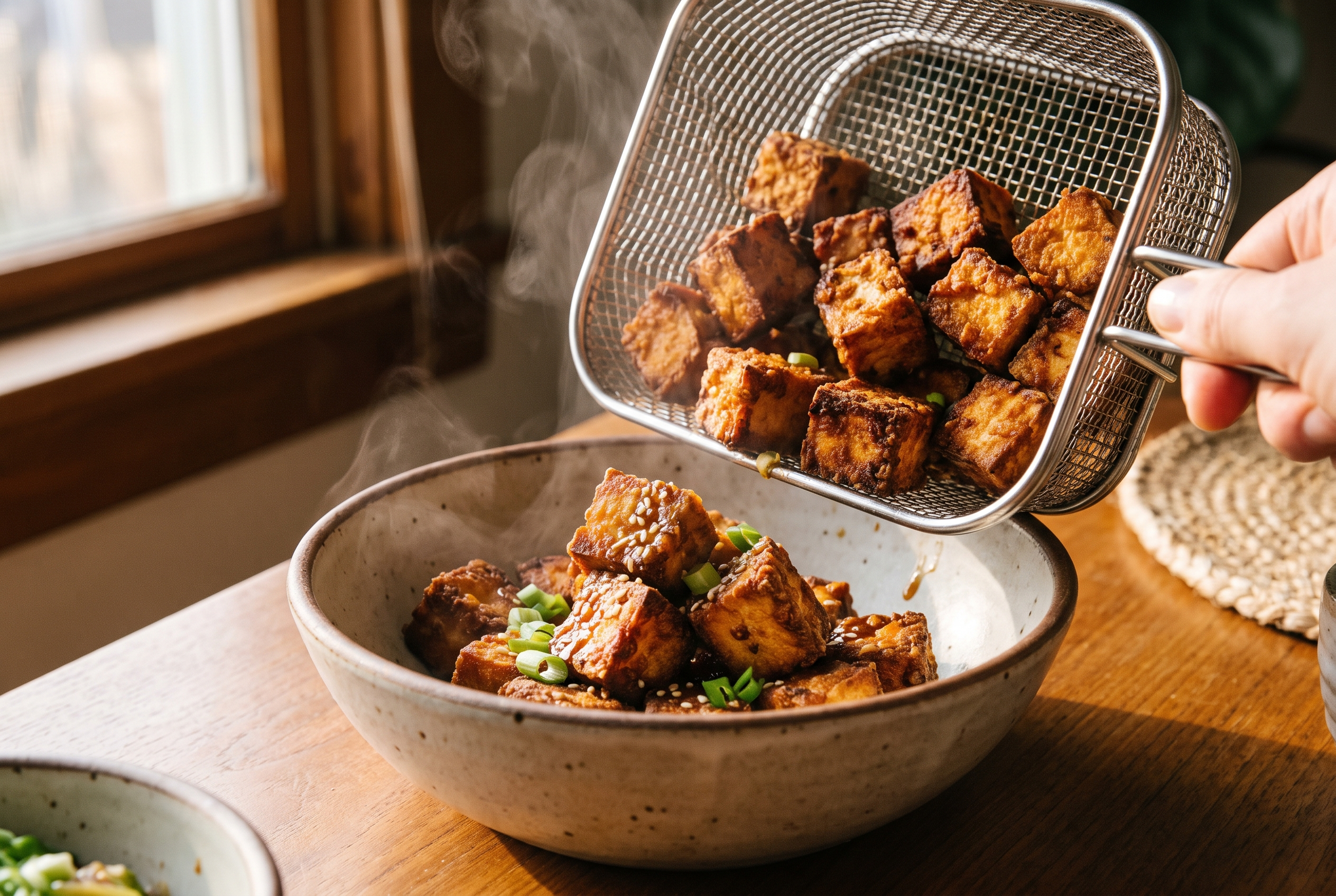 Close-up process photo of finished crispy air fryer tofu with deep golden edges being tipped from the basket into a bowl