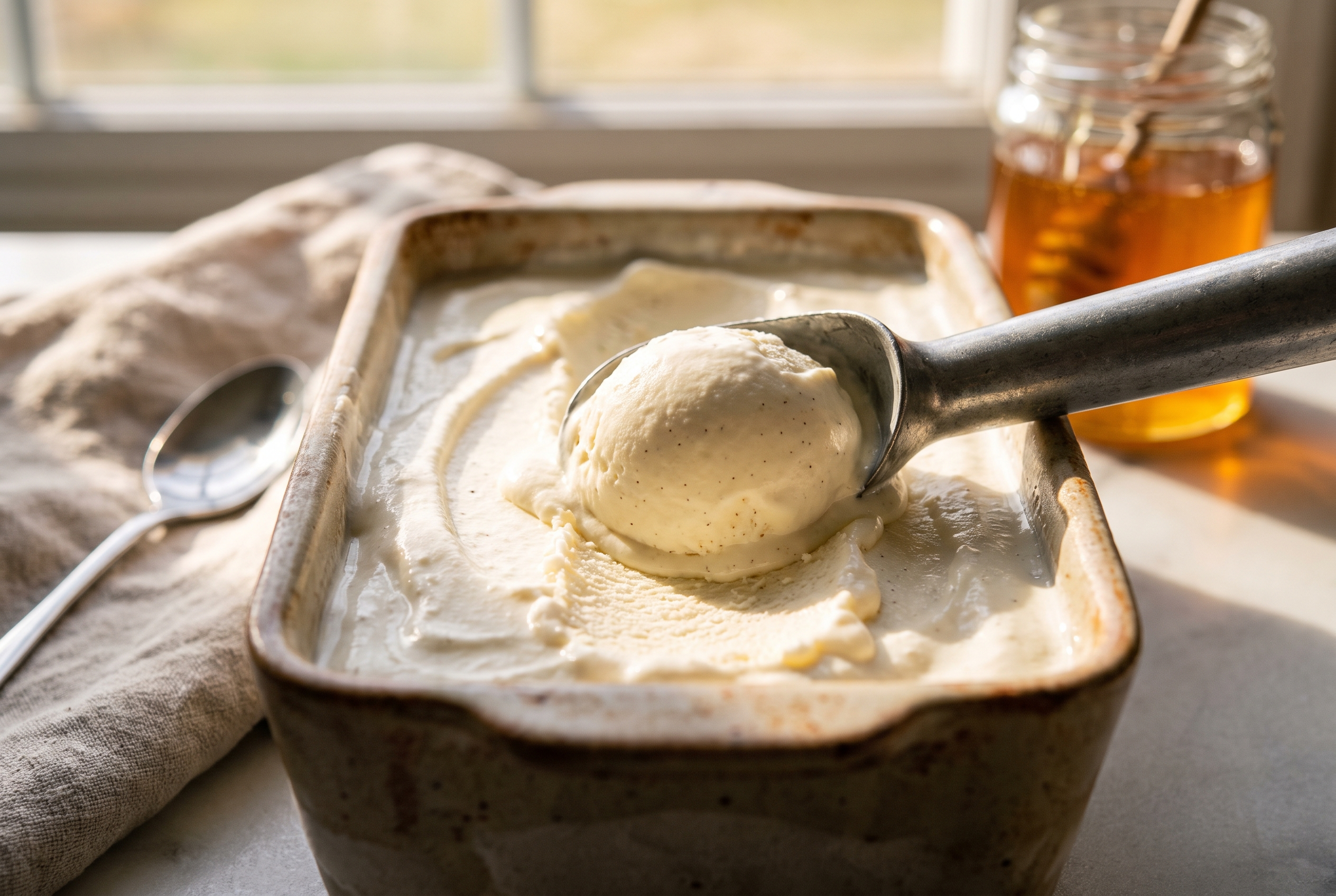 Close-up process photo of finished cottage cheese ice cream being scooped from a loaf pan showing a smooth creamy texture