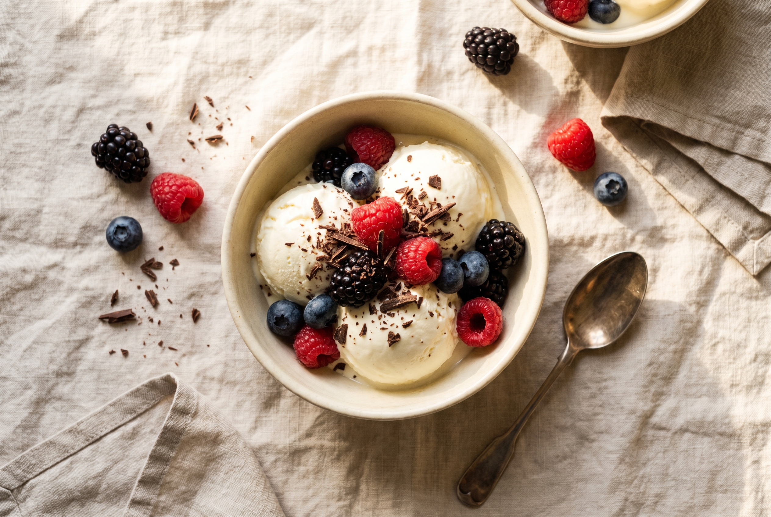 Cottage cheese ice cream scooped into a cream bowl with a smooth creamy texture, berries and dark chocolate shavings, 20g protein high protein dessert recipe
