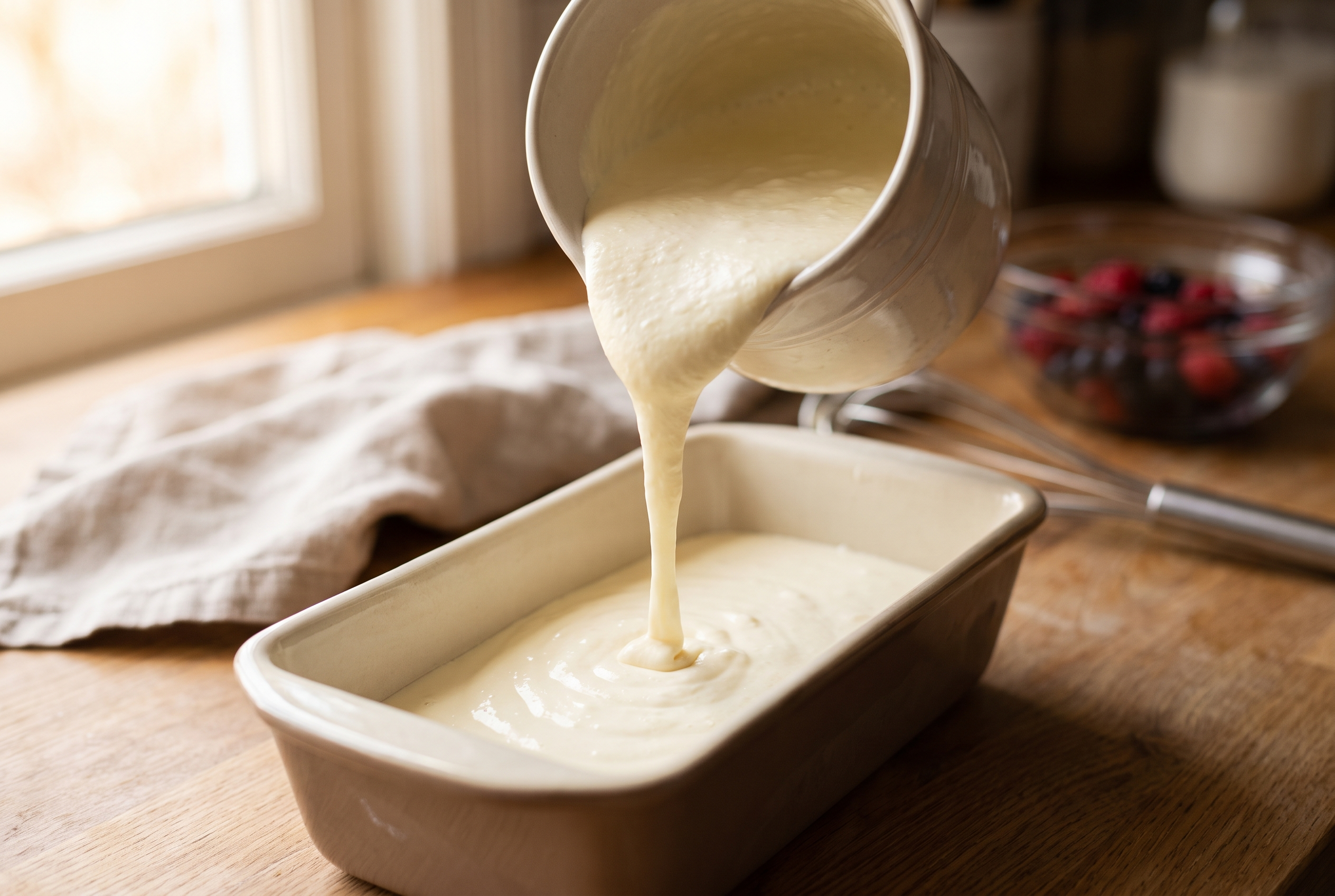 Close-up process photo of smooth cottage cheese ice cream base being poured into a shallow loaf pan