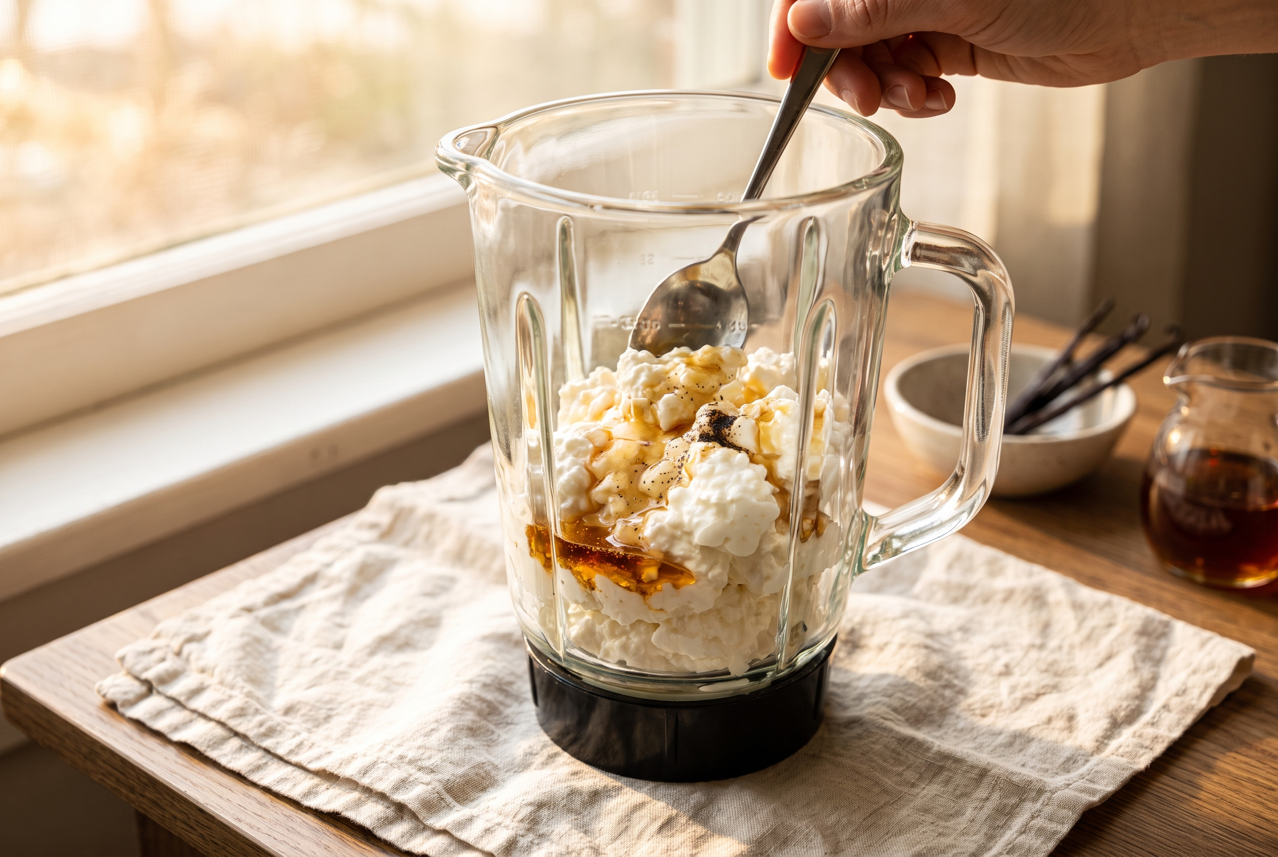Close-up process photo of full fat cottage cheese, maple syrup and vanilla in a high-speed blender jar, cream linen