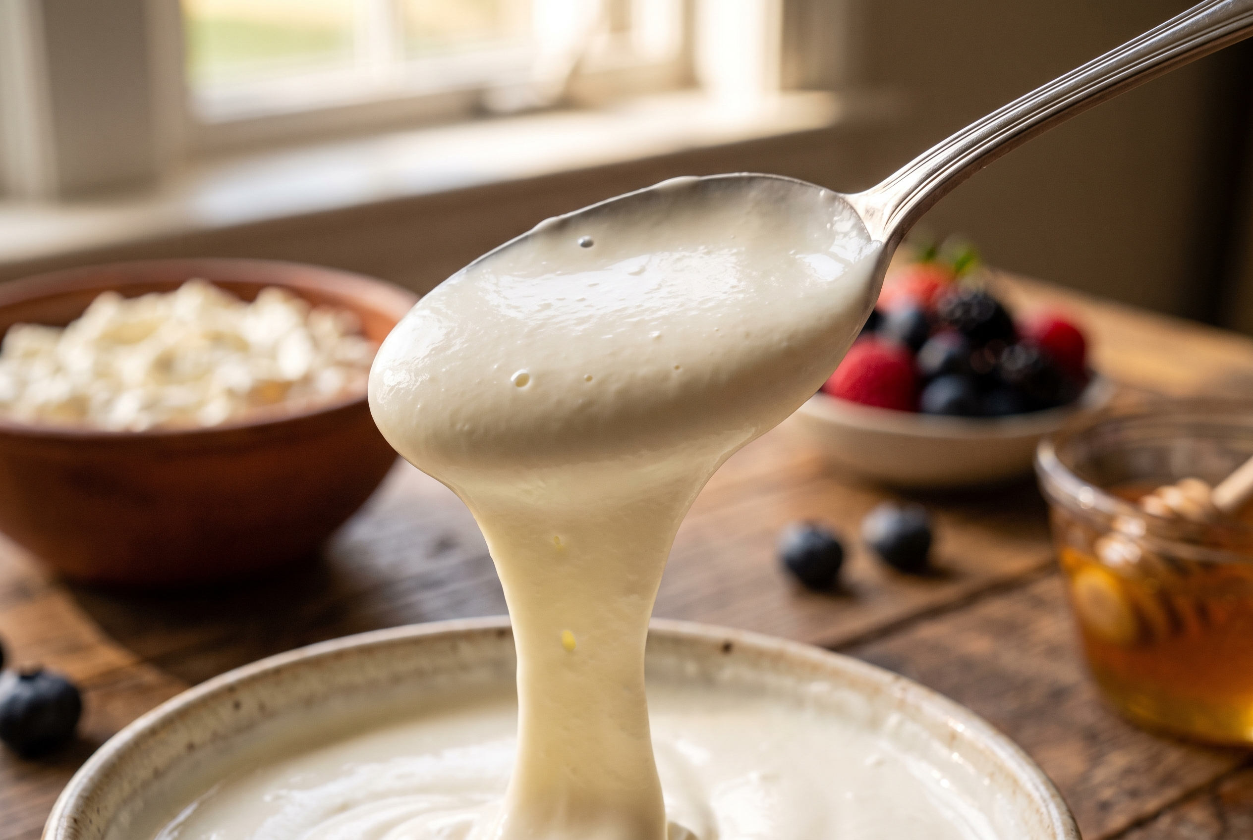 Close-up process photo of smooth blended cottage cheese base being lifted on a spoon to show a silky texture